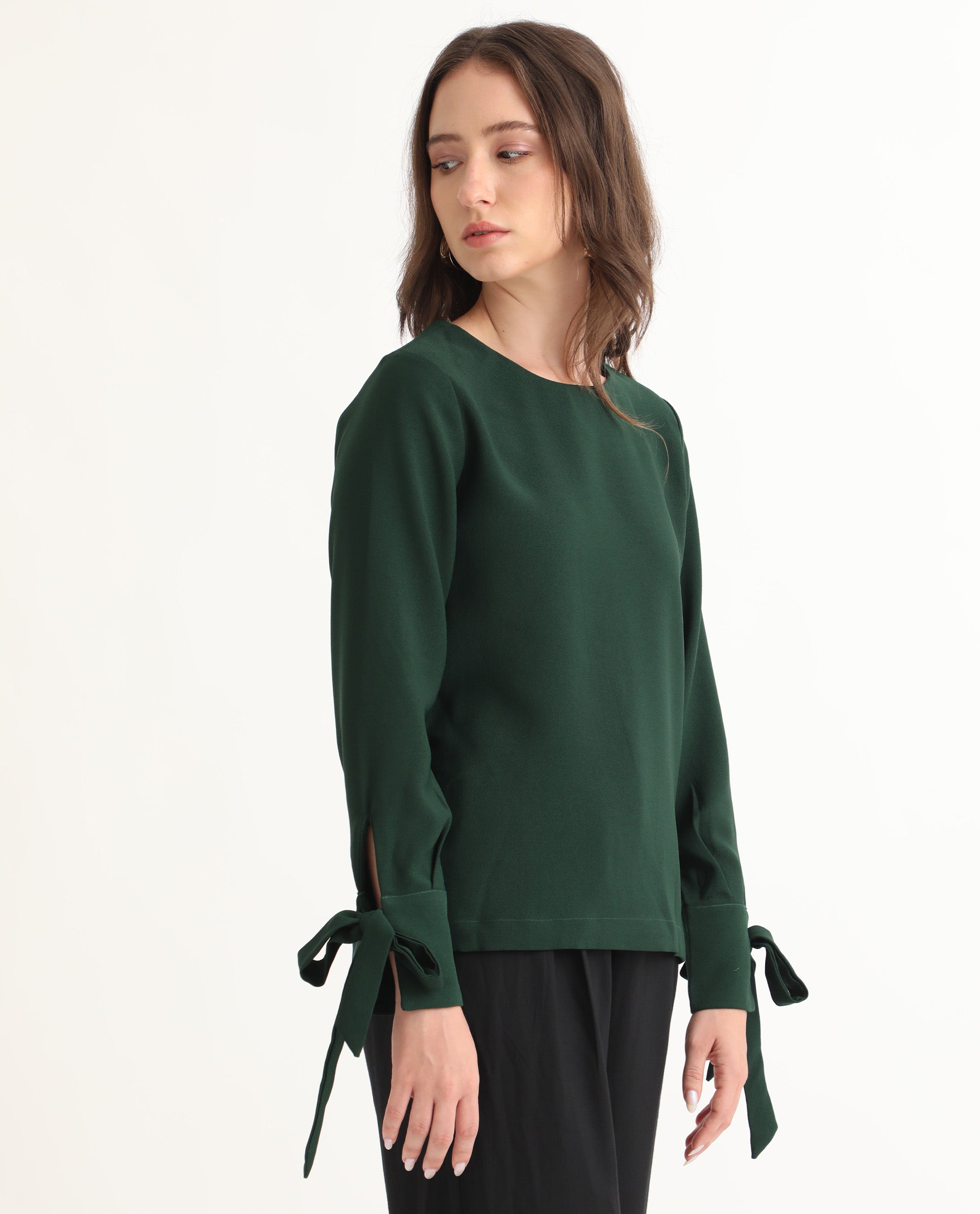 Women'S Merach Green Polyester Fabric Full Sleeves Button Closure Boat Neck Regular Fit Plain Top