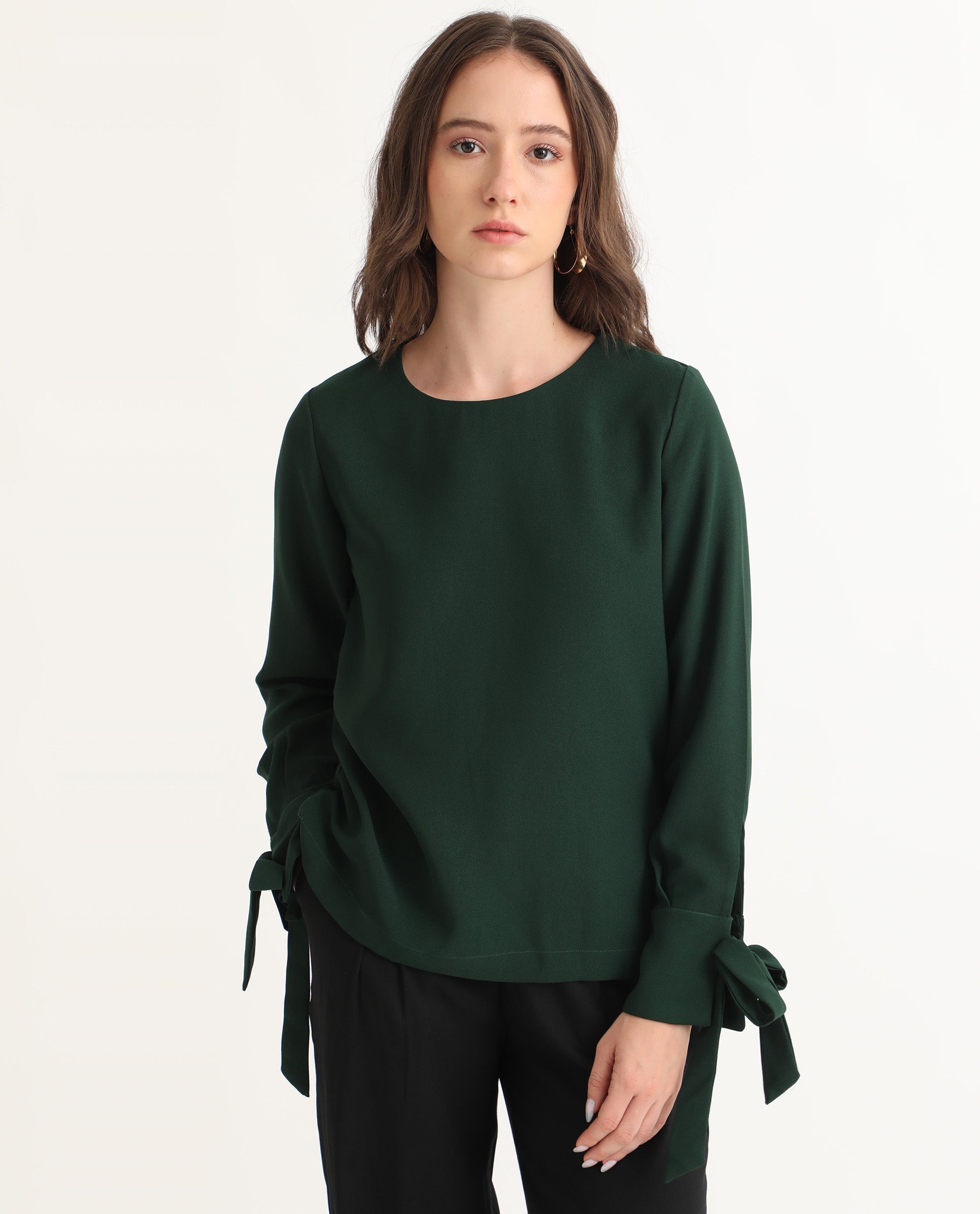 Women'S Merach Green Polyester Fabric Full Sleeves Button Closure Boat Neck Regular Fit Plain Top