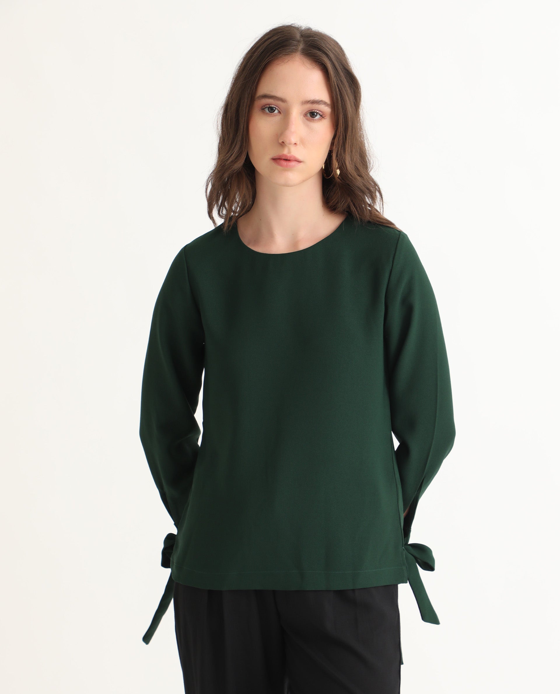 Women'S Merach Green Polyester Fabric Full Sleeves Button Closure Boat Neck Regular Fit Plain Top