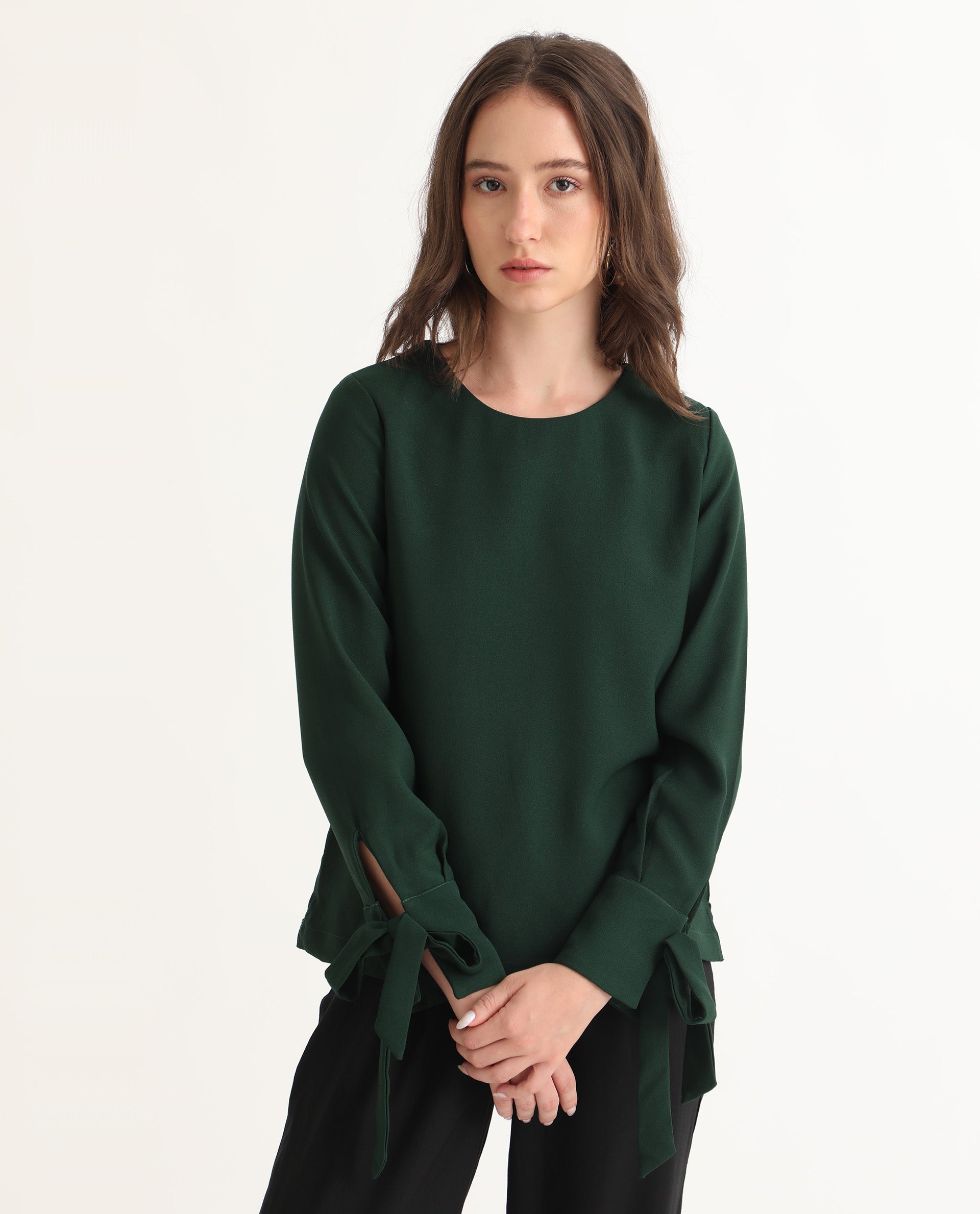 Women'S Merach Green Polyester Fabric Full Sleeves Button Closure Boat Neck Regular Fit Plain Top