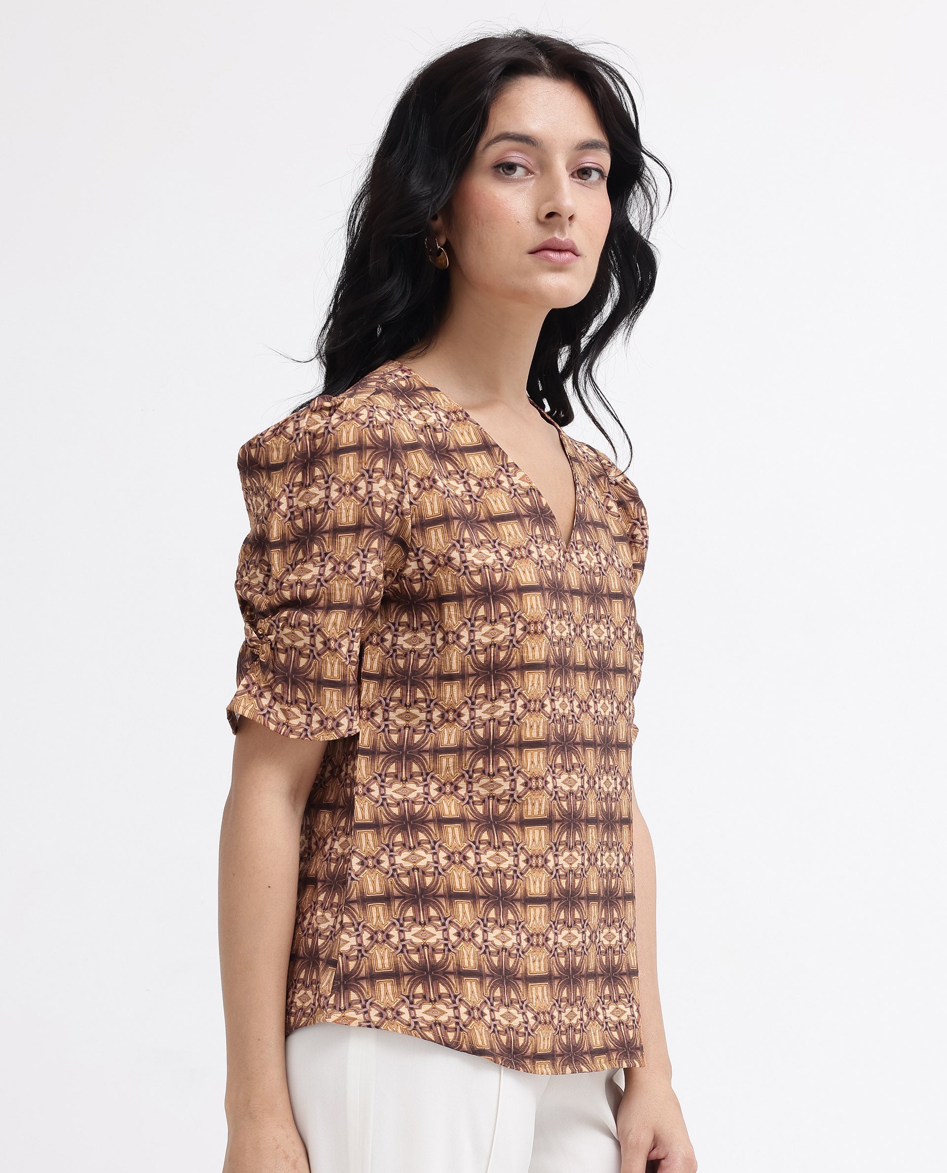 Women'S Messo Light Brown Poly Viscose Puff Sleeves V-Neck Abstract Print Top