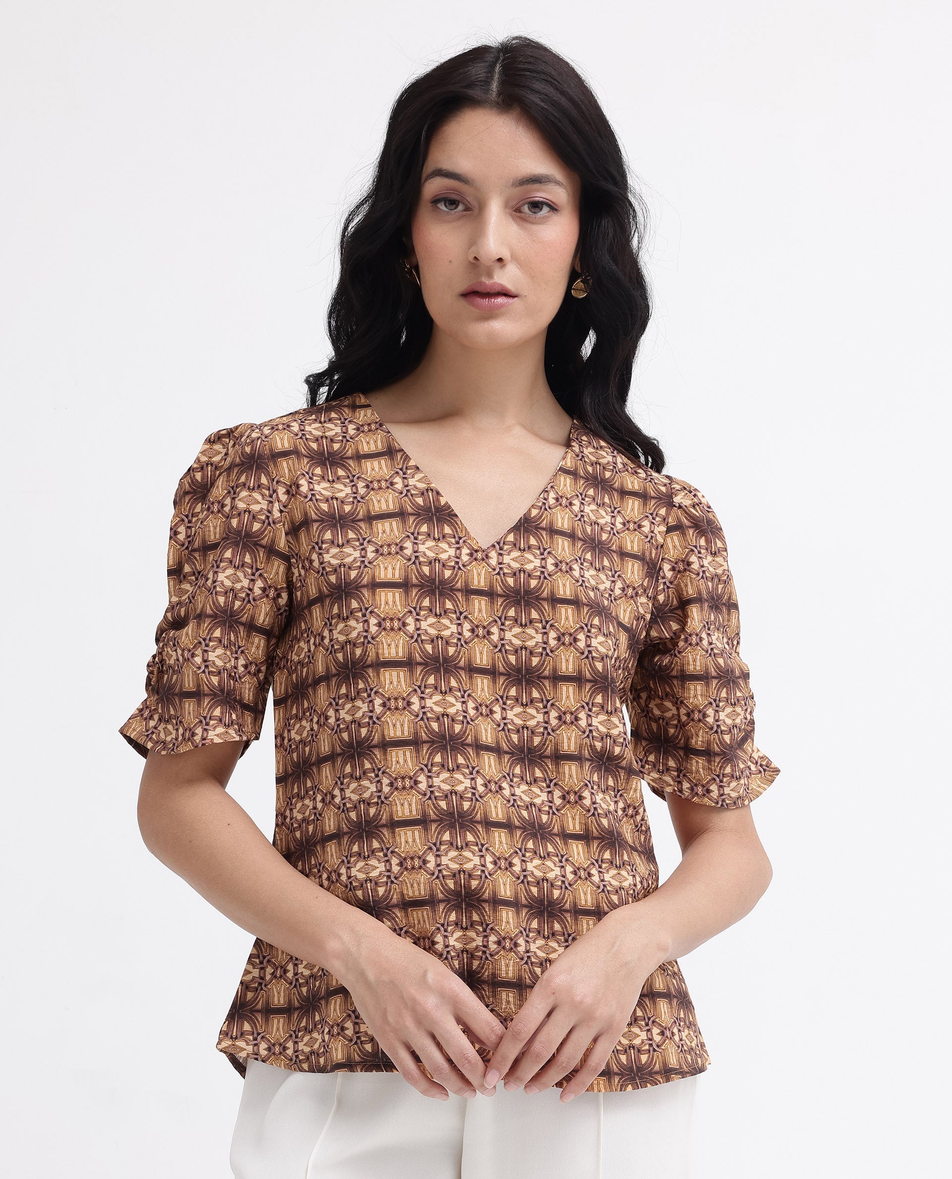 Women'S Messo Light Brown Poly Viscose Puff Sleeves V-Neck Abstract Print Top