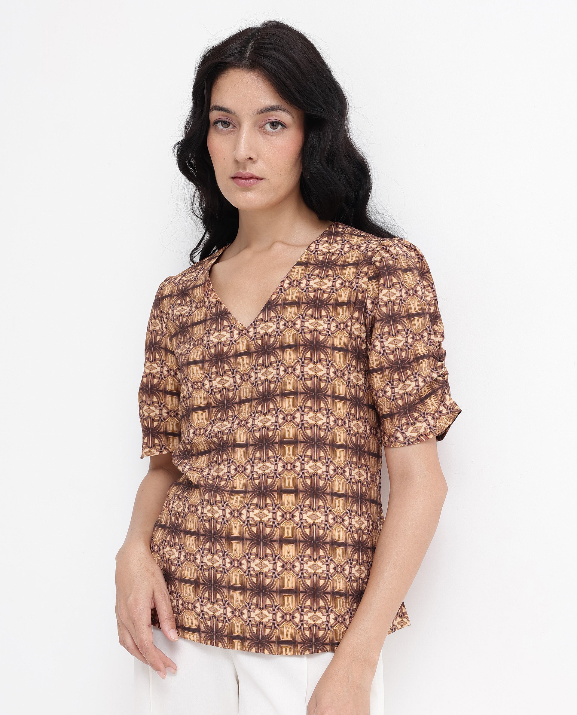 Women'S Messo Light Brown Poly Viscose Puff Sleeves V-Neck Abstract Print Top