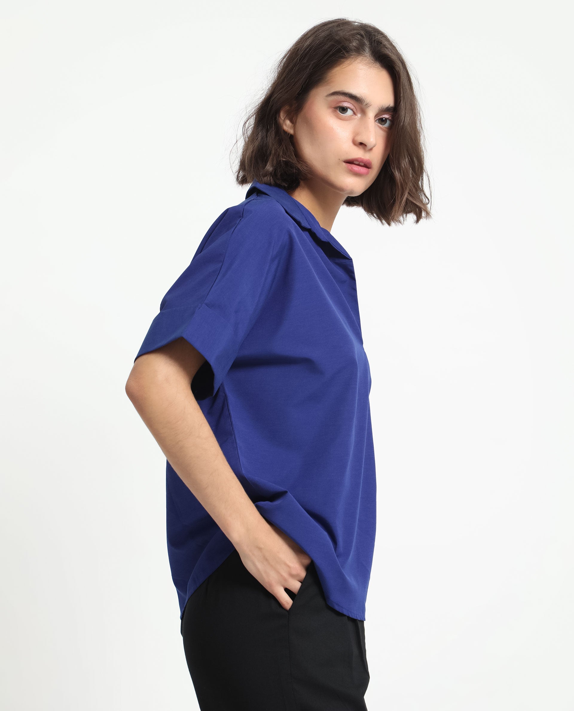 Women'S Nilgan Blue Polyester Fabric Short Sleeves Button Closure Shirt Collar Cuffed Sleeve Regular Fit Plain Top