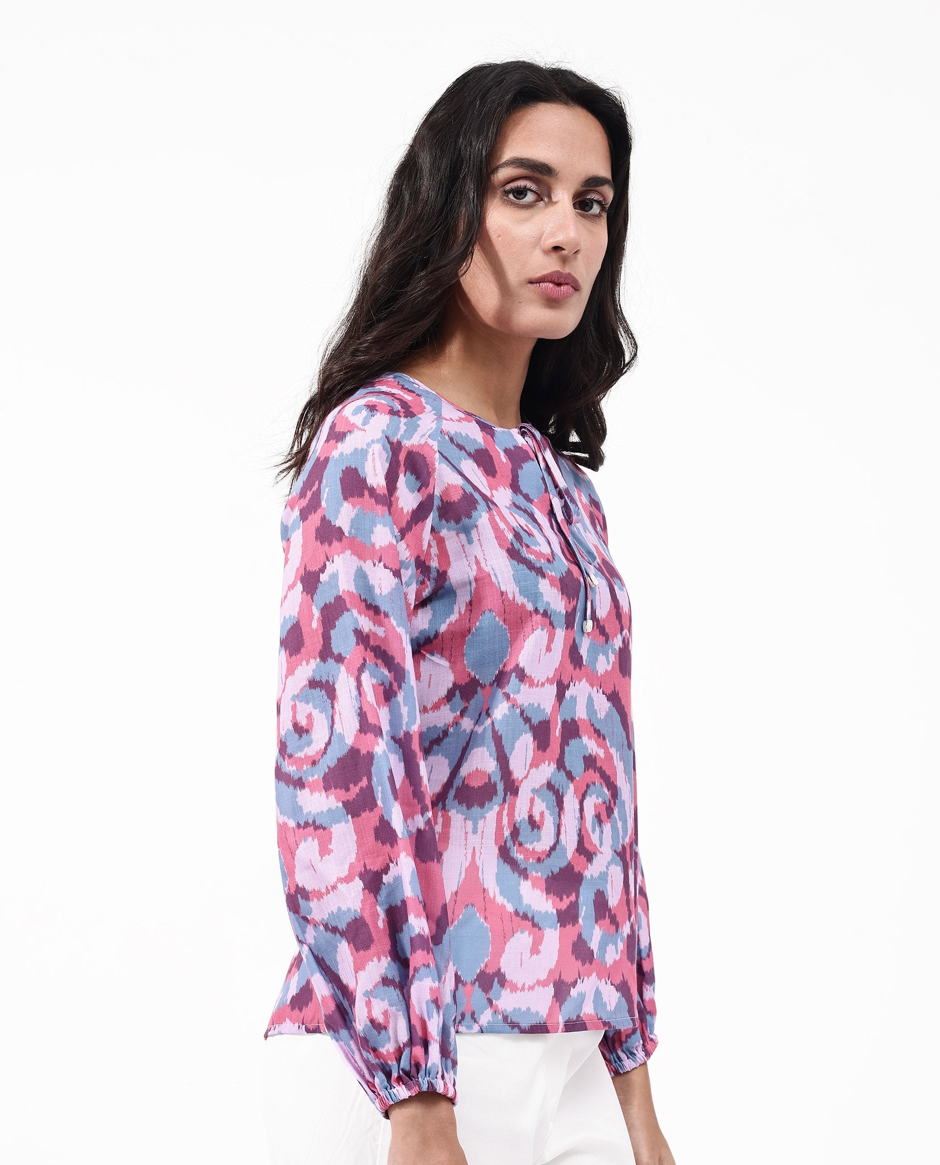 Women'S Portia Multi Linen Fabric Raglan Sleeves Tie Up Neck Tie Up Closure Abstract Print Top