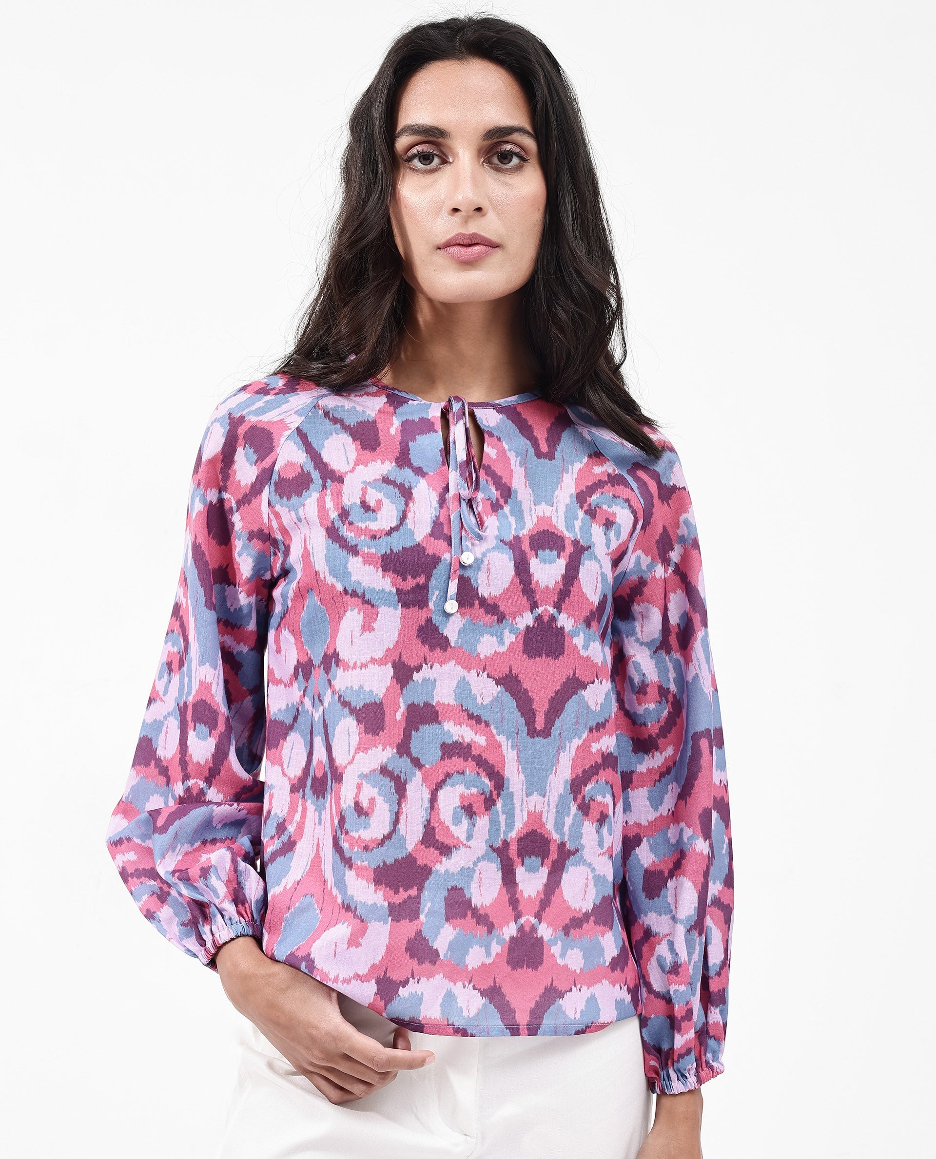 Women'S Portia Multi Linen Fabric Raglan Sleeves Tie Up Neck Tie Up Closure Abstract Print Top