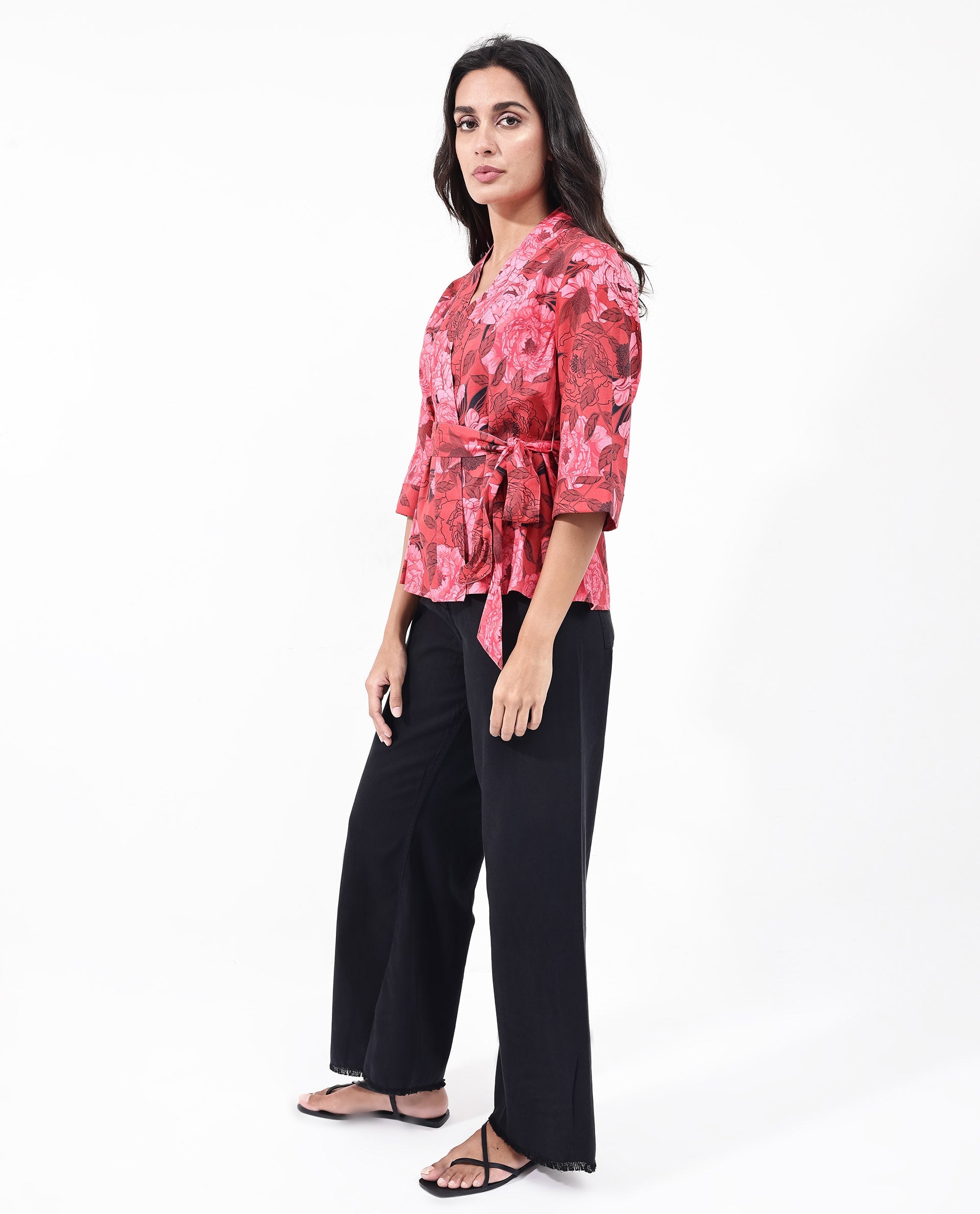 Women'S Ramo Red 3/4Th Sleeve Over Lap Neck Floral Print Top