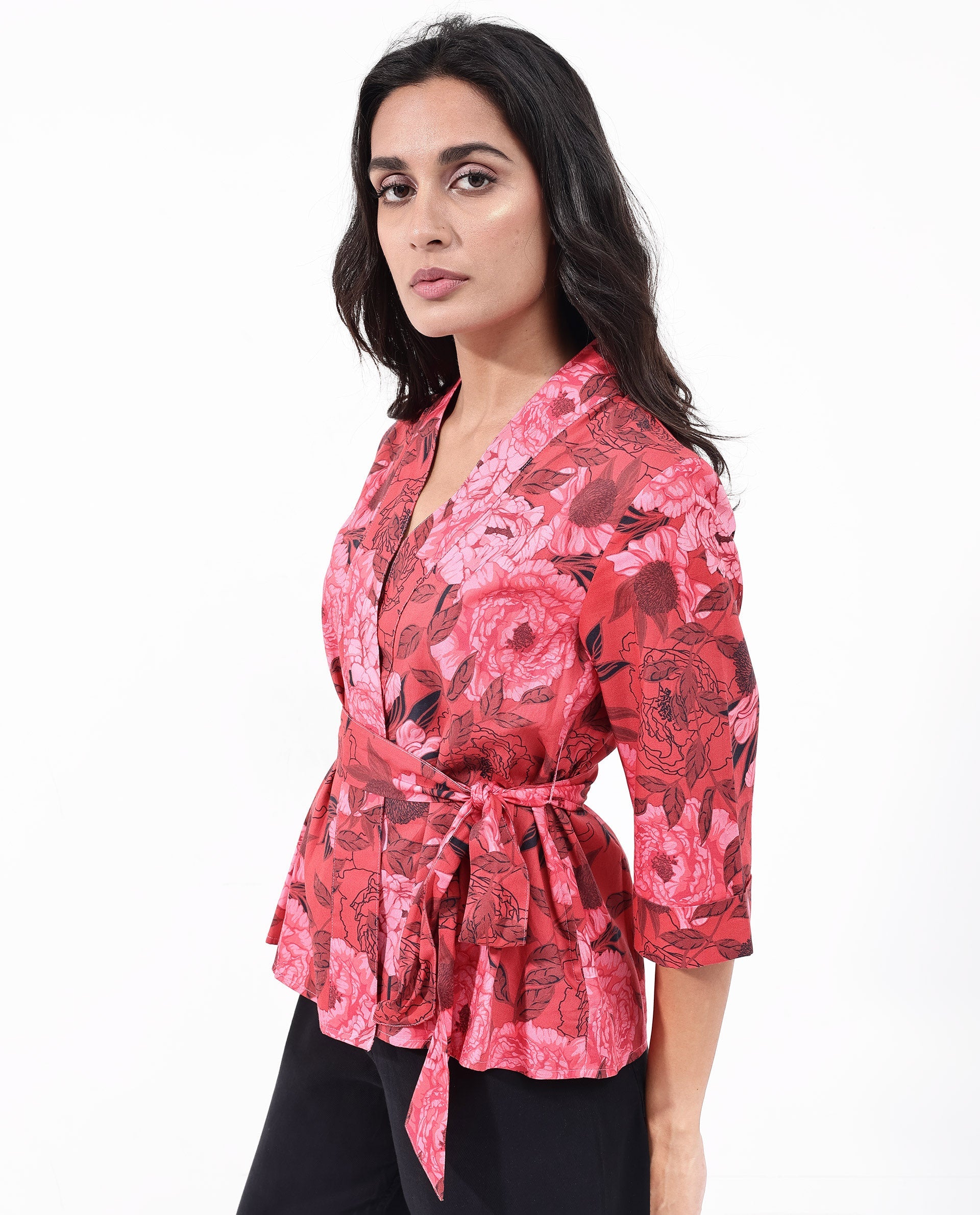 Women'S Ramo Red 3/4Th Sleeve Over Lap Neck Floral Print Top