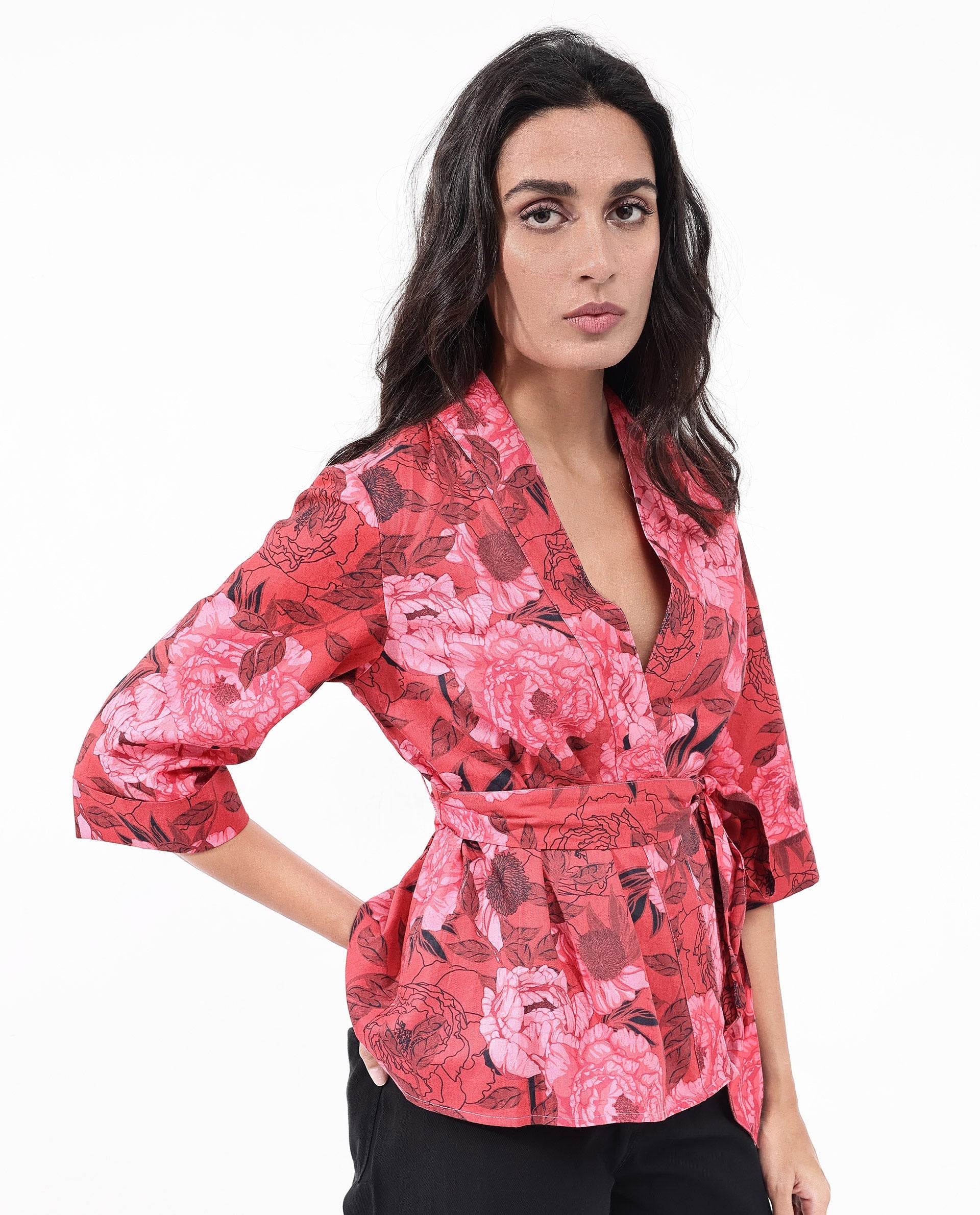 Women'S Ramo Red 3/4Th Sleeve Over Lap Neck Floral Print Top