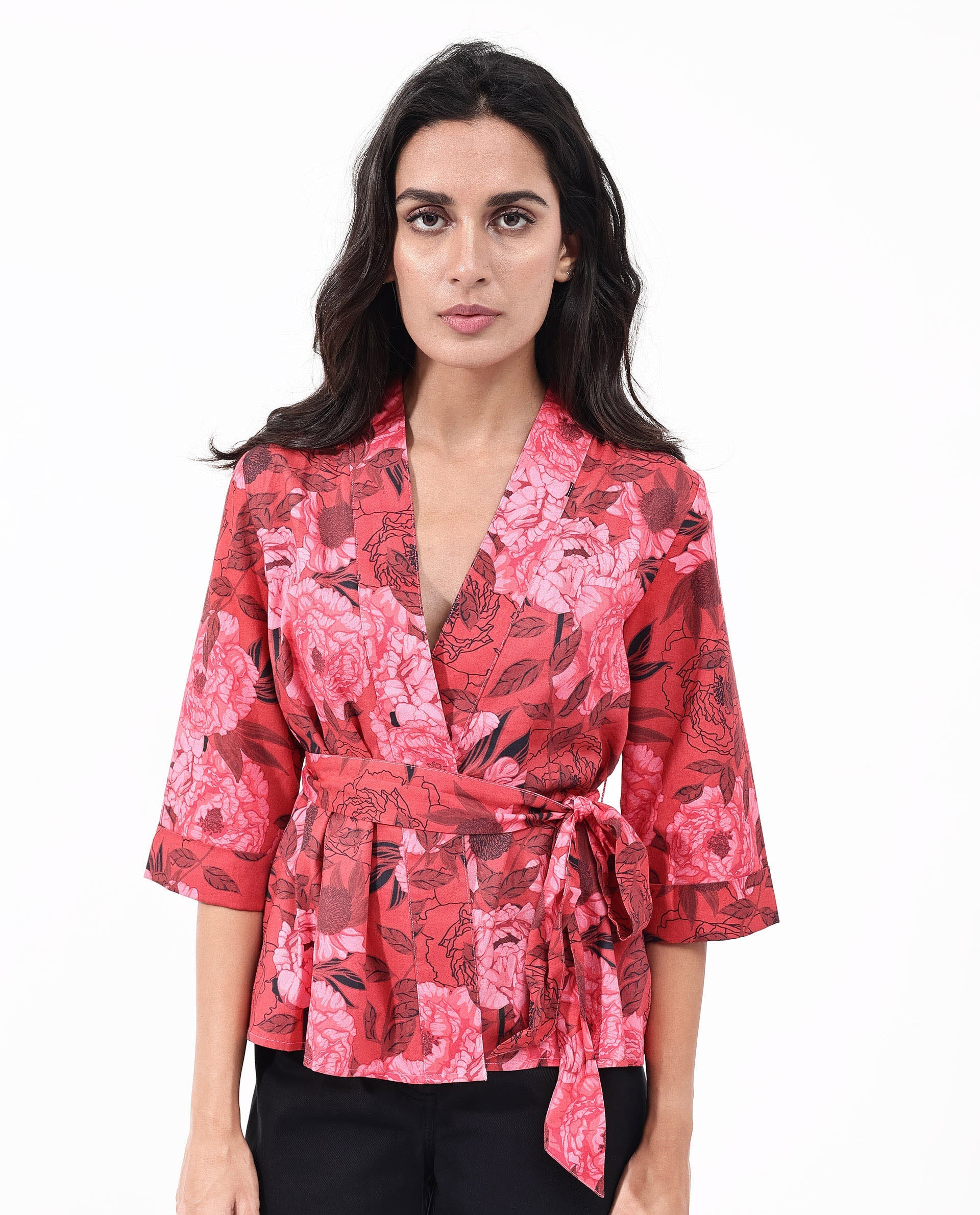 Women'S Ramo Red 3/4Th Sleeve Over Lap Neck Floral Print Top