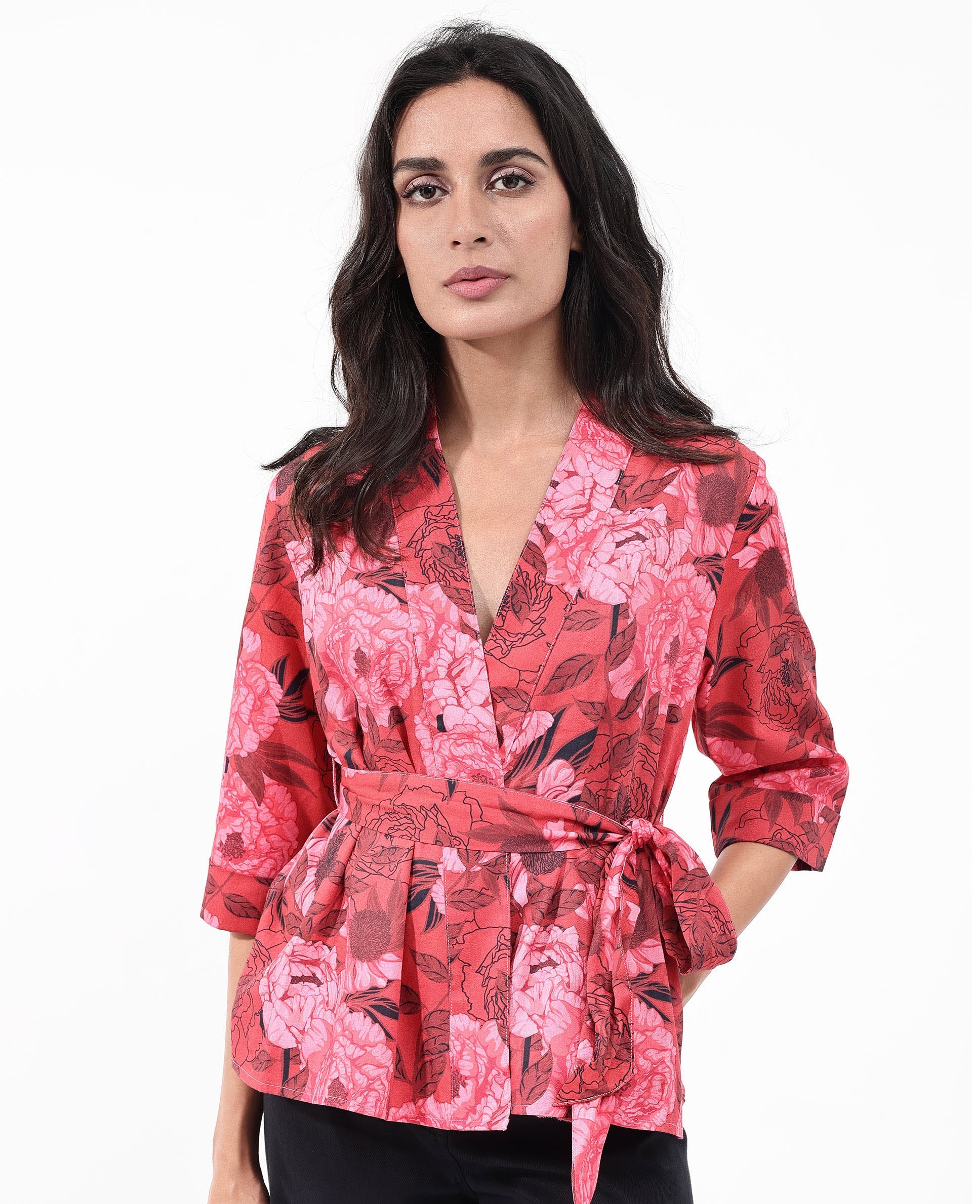 Women'S Ramo Red 3/4Th Sleeve Over Lap Neck Floral Print Top