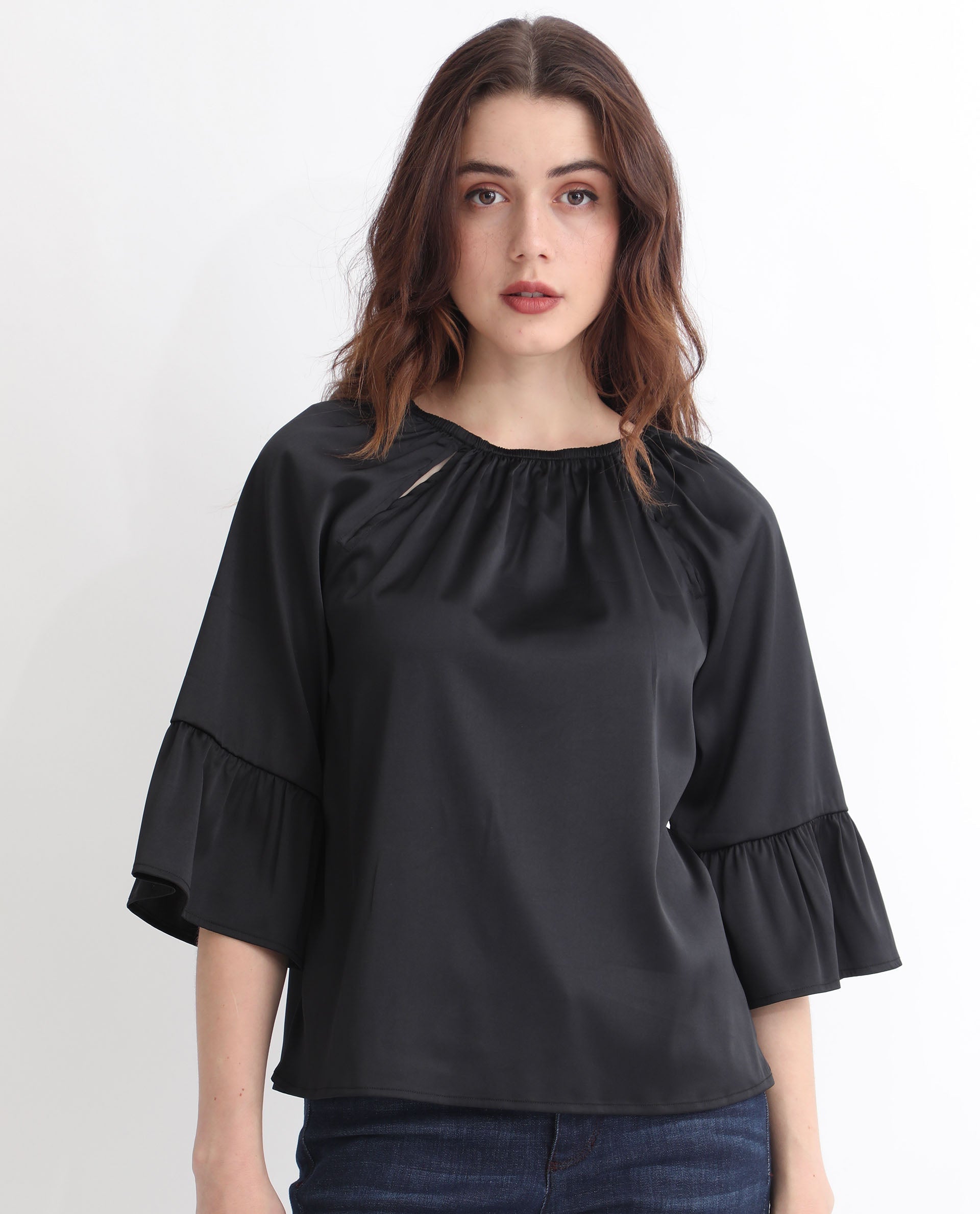 Women'S Reila Black Polyester Fabric Relaxed Fit Boat Neck Half Sleeves Solid Top