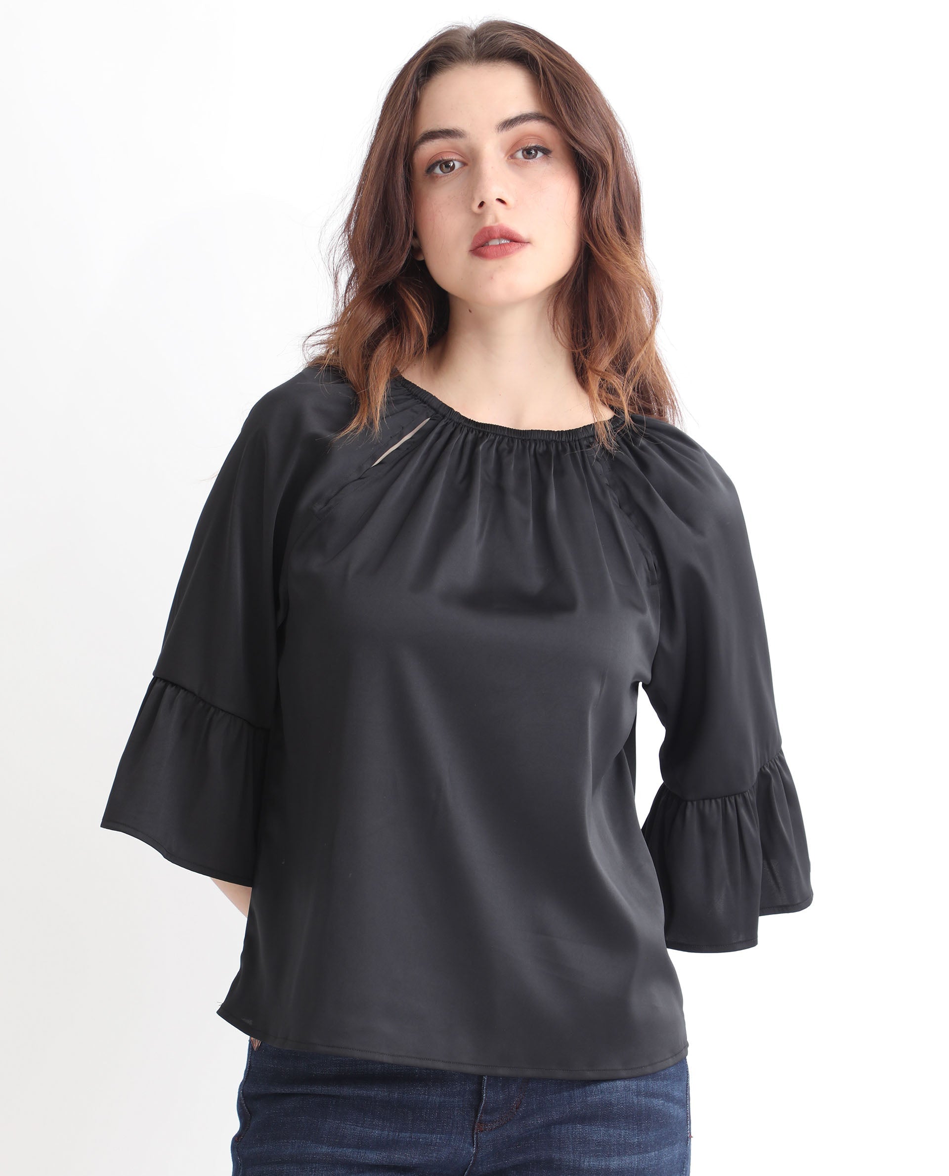 Women'S Reila Black Polyester Fabric Relaxed Fit Boat Neck Half Sleeves Solid Top