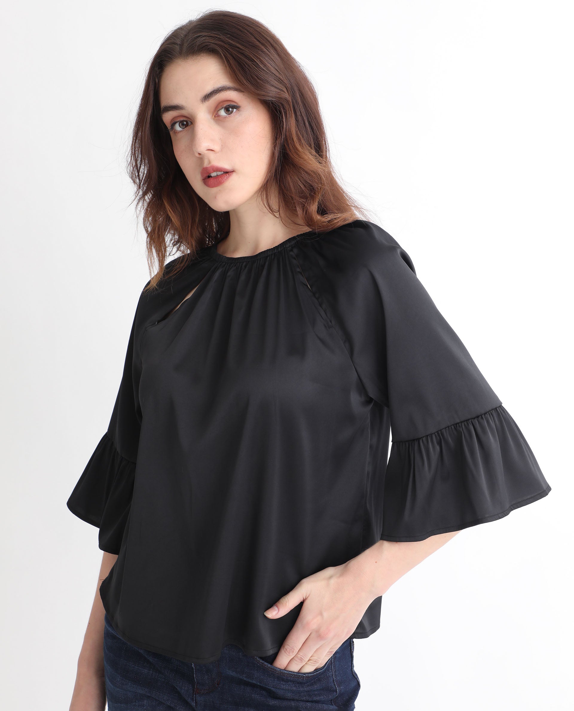 Women'S Reila Black Polyester Fabric Relaxed Fit Boat Neck Half Sleeves Solid Top