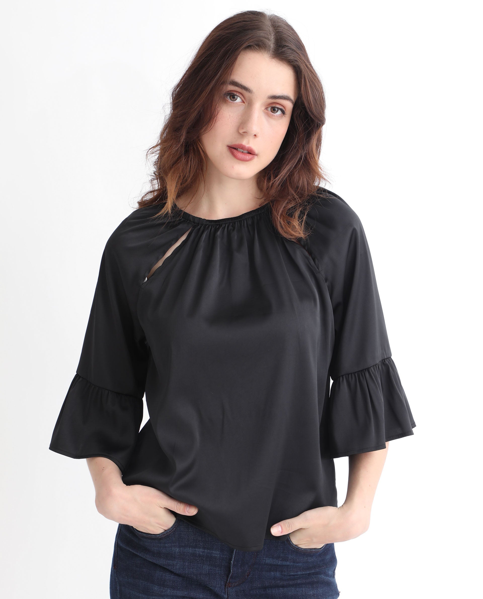 Women'S Reila Black Polyester Fabric Relaxed Fit Boat Neck Half Sleeves Solid Top