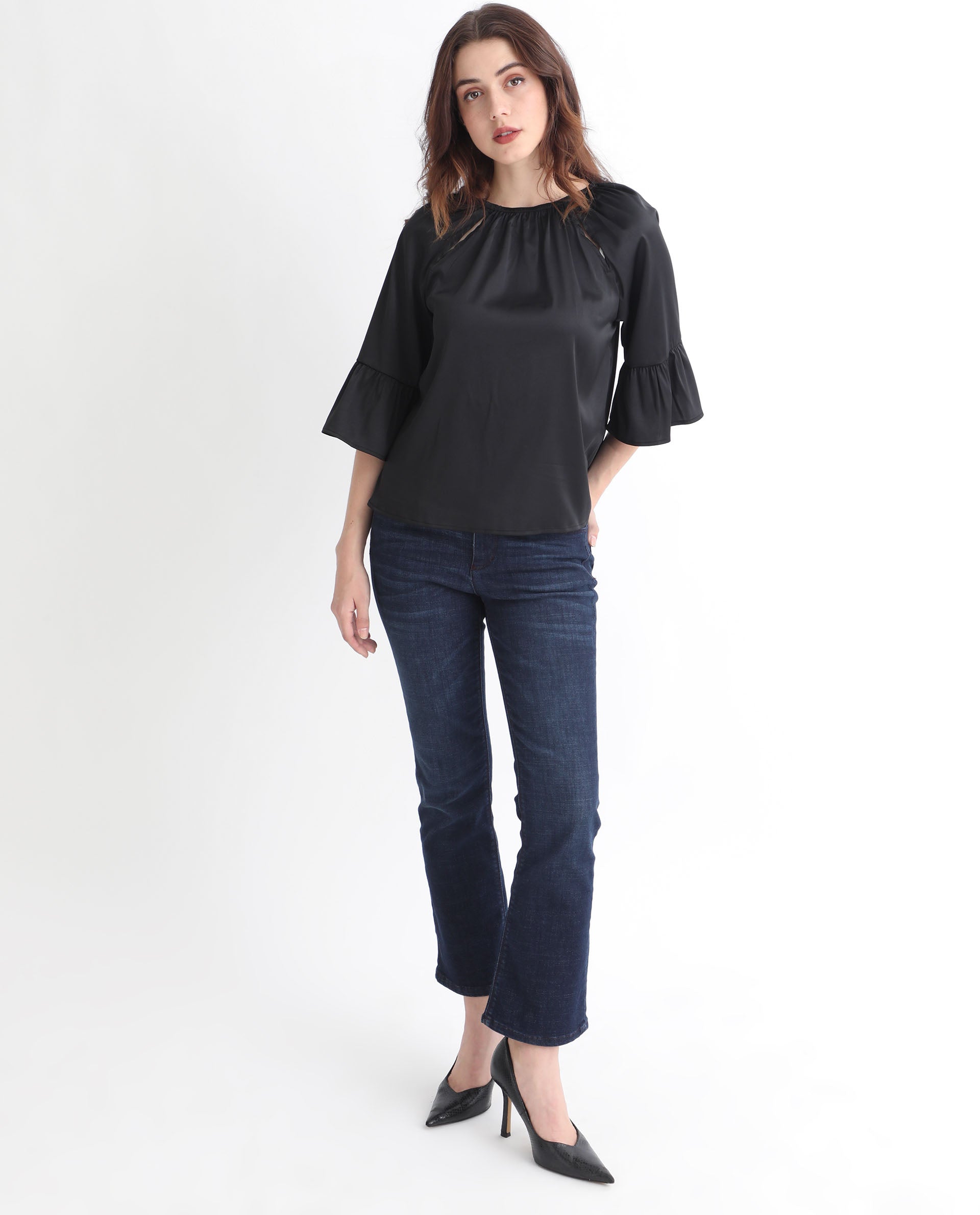 Women'S Reila Black Polyester Fabric Relaxed Fit Boat Neck Half Sleeves Solid Top