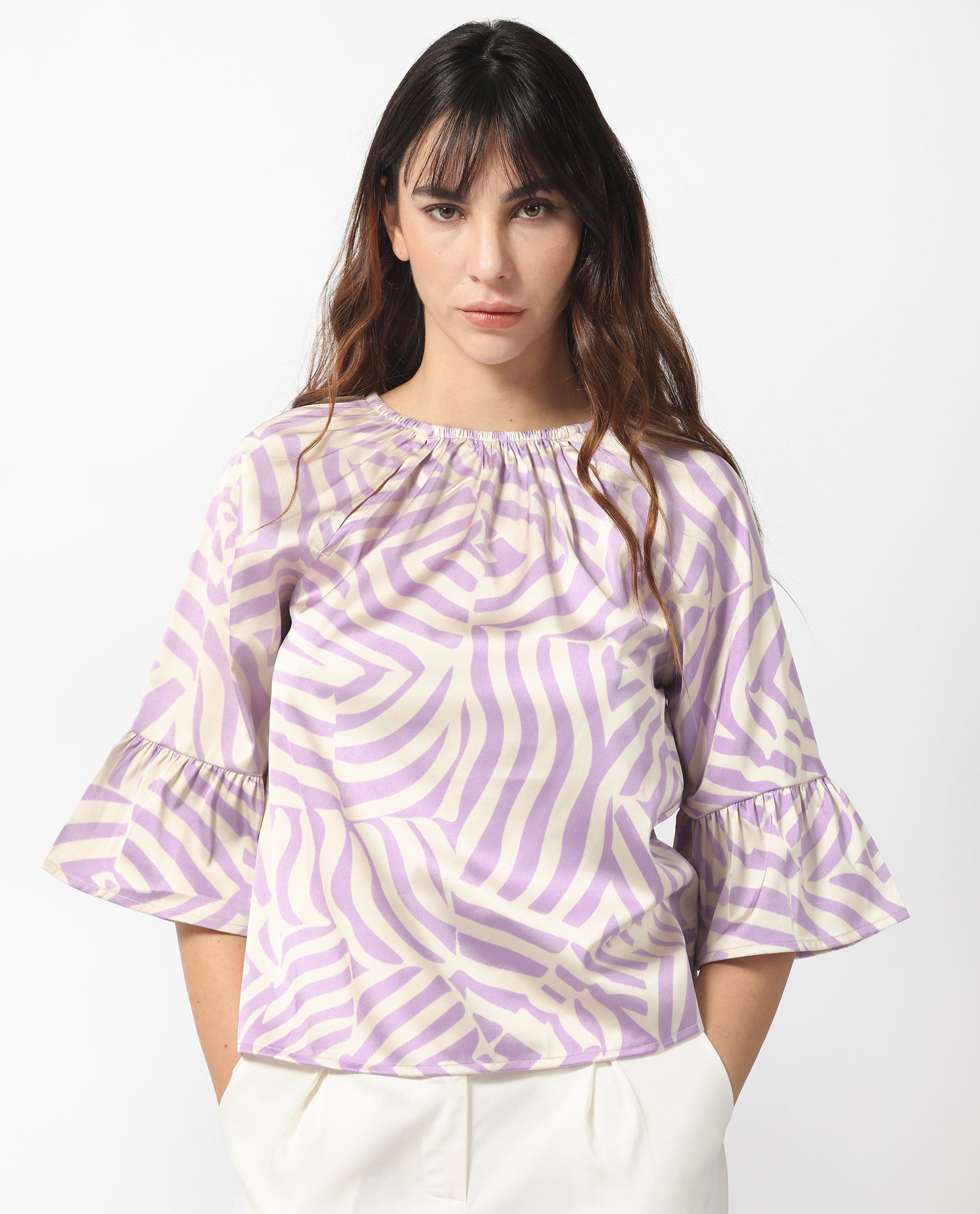 Women'S Reila Pastel Purple Polyester Fabric Short Sleeves Boat Neck Raglan Sleeve Relaxed Fit Geometric Print Top