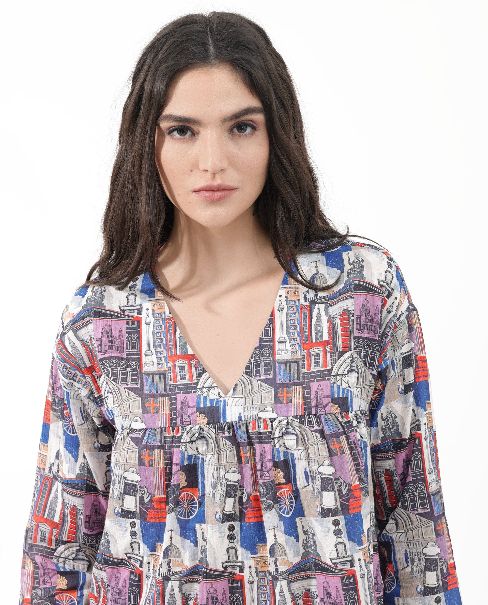 Women'S Rinata-T Multi Cotton Fabric Regular Sleeves V-Neck Abstract Print Regular Length Top