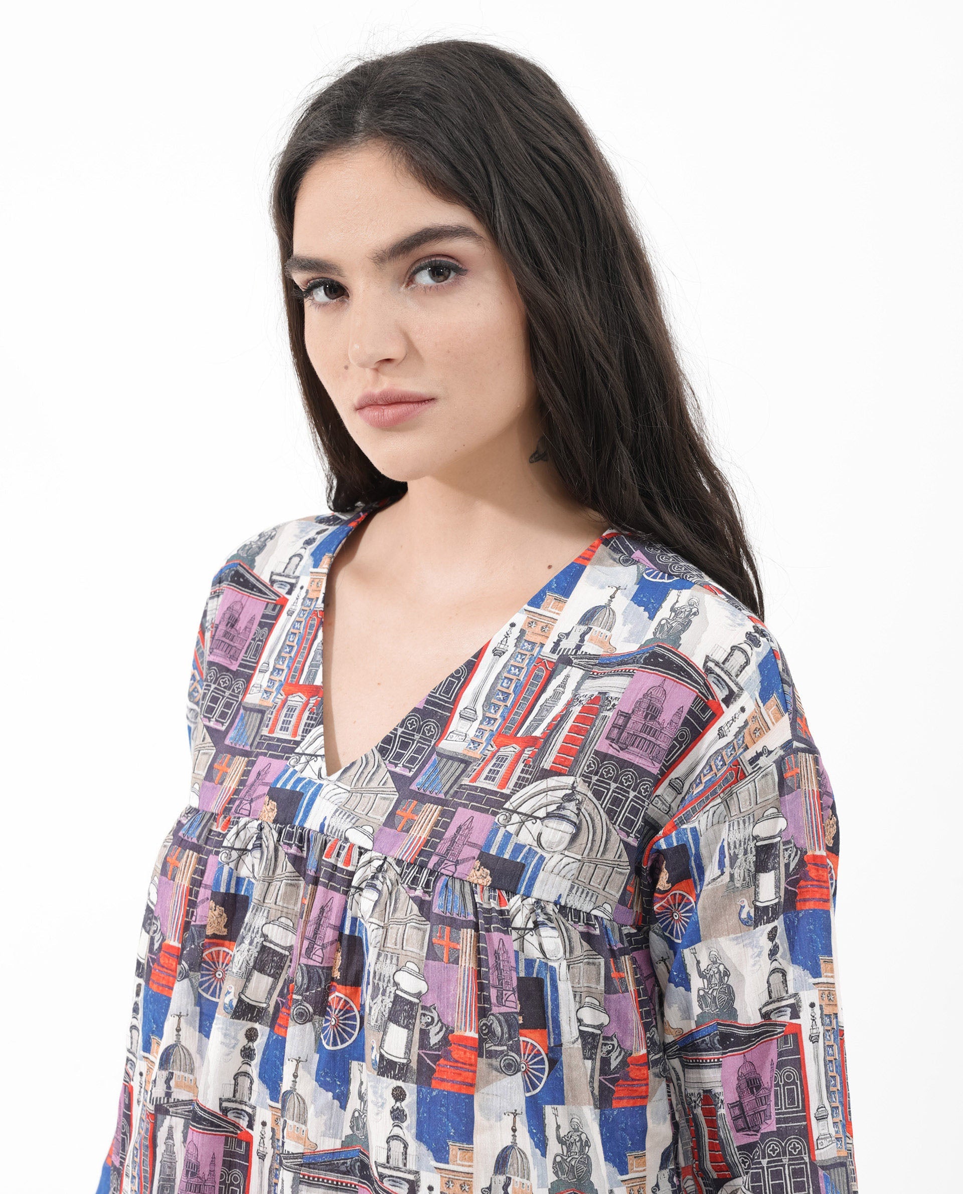 Women'S Rinata-T Multi Cotton Fabric Regular Sleeves V-Neck Abstract Print Regular Length Top