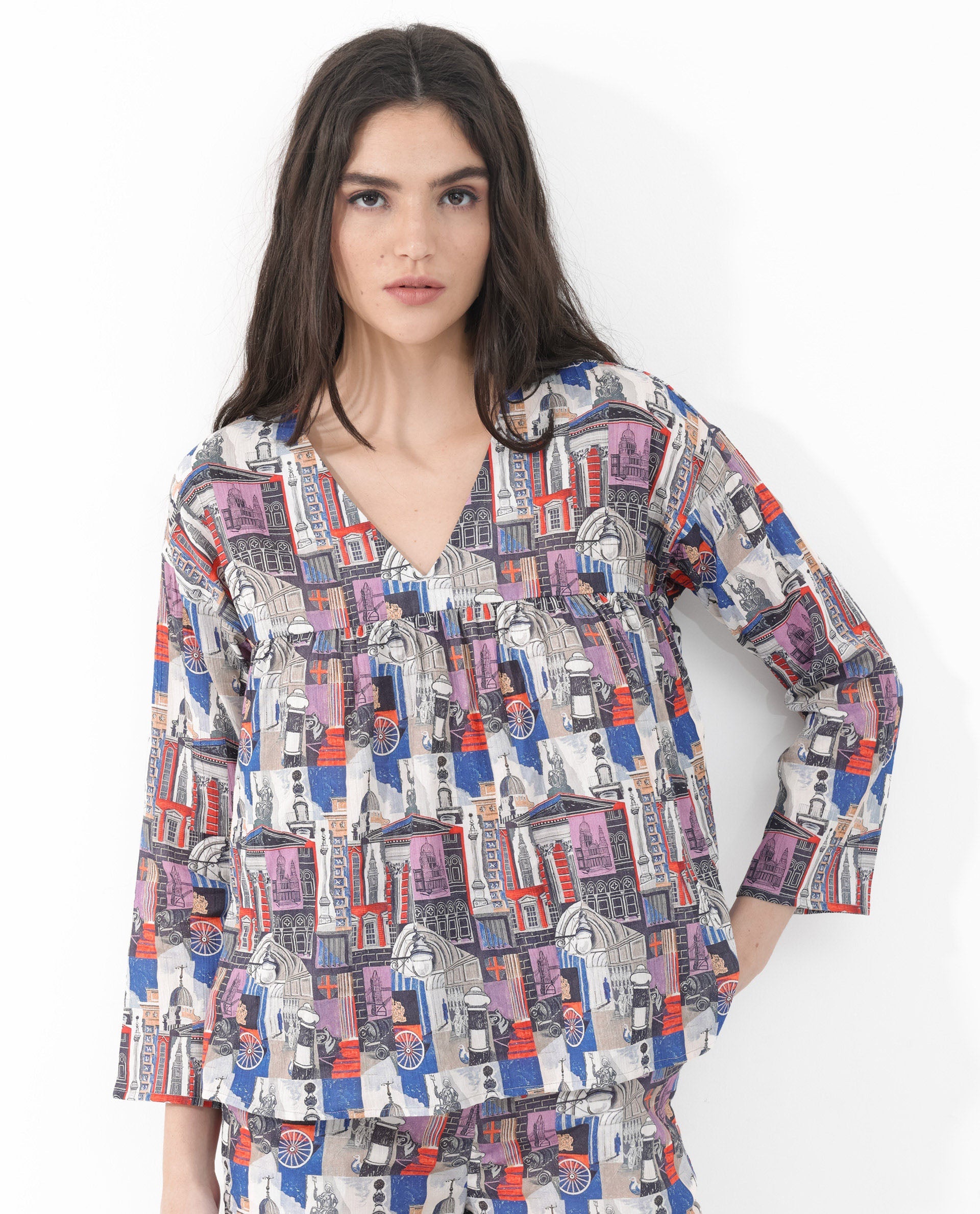 Women'S Rinata-T Multi Cotton Fabric Regular Sleeves V-Neck Abstract Print Regular Length Top