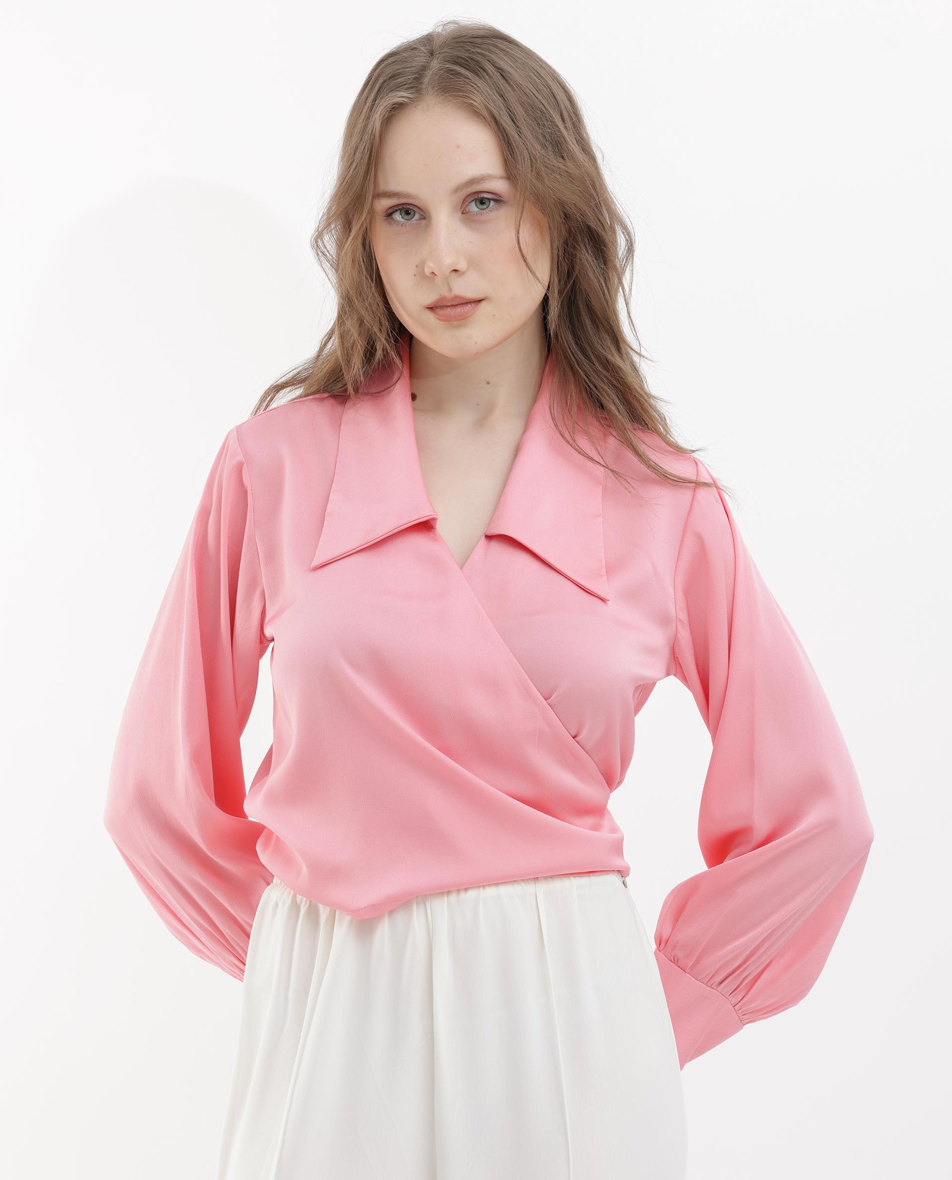 Women'S Riola Pastel Pink Polyester Fabric Full Sleeves Tie-Up Closure Johnny Collar Cuffed Sleeve Regular Fit Plain Cropped Top