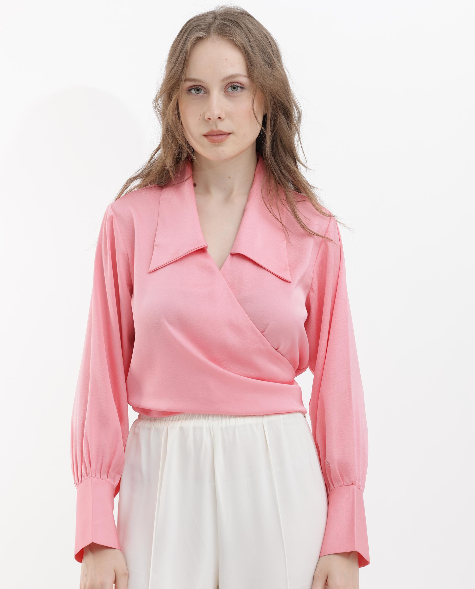 Women'S Riola Pastel Pink Polyester Fabric Full Sleeves Tie-Up Closure Johnny Collar Cuffed Sleeve Regular Fit Plain Cropped Top