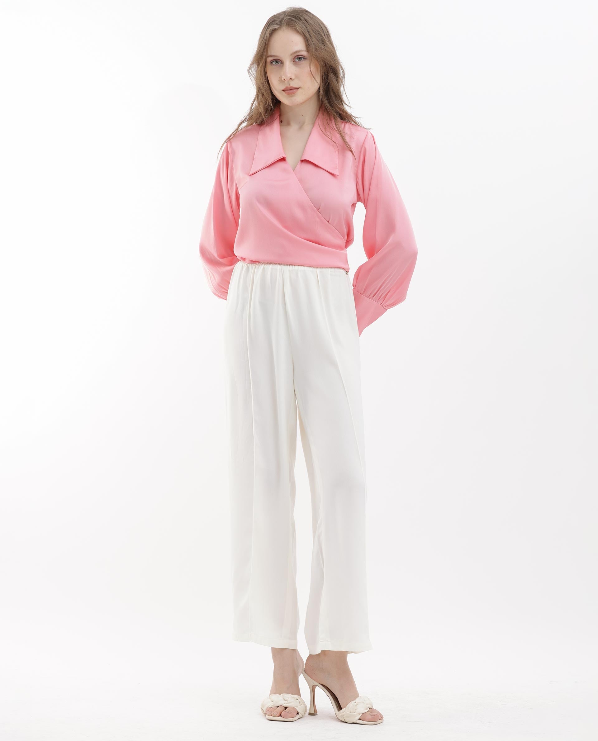 Women'S Riola Pastel Pink Polyester Fabric Full Sleeves Tie-Up Closure Johnny Collar Cuffed Sleeve Regular Fit Plain Cropped Top