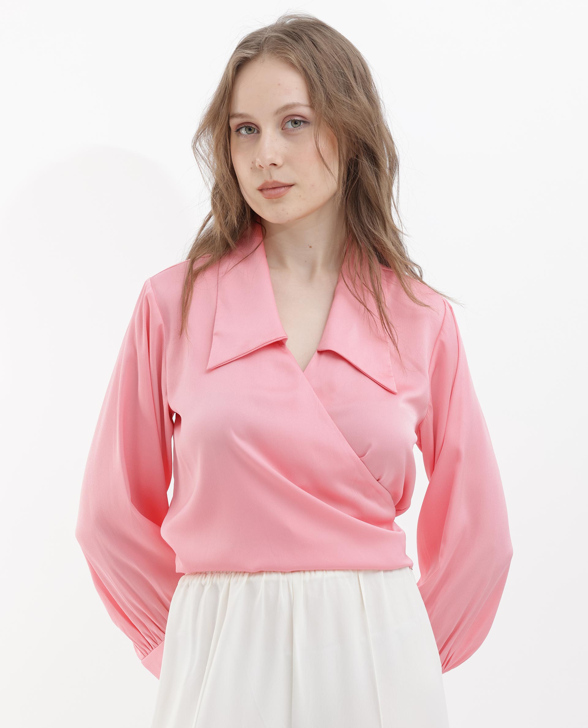 Women'S Riola Pastel Pink Polyester Fabric Full Sleeves Tie-Up Closure Johnny Collar Cuffed Sleeve Regular Fit Plain Cropped Top