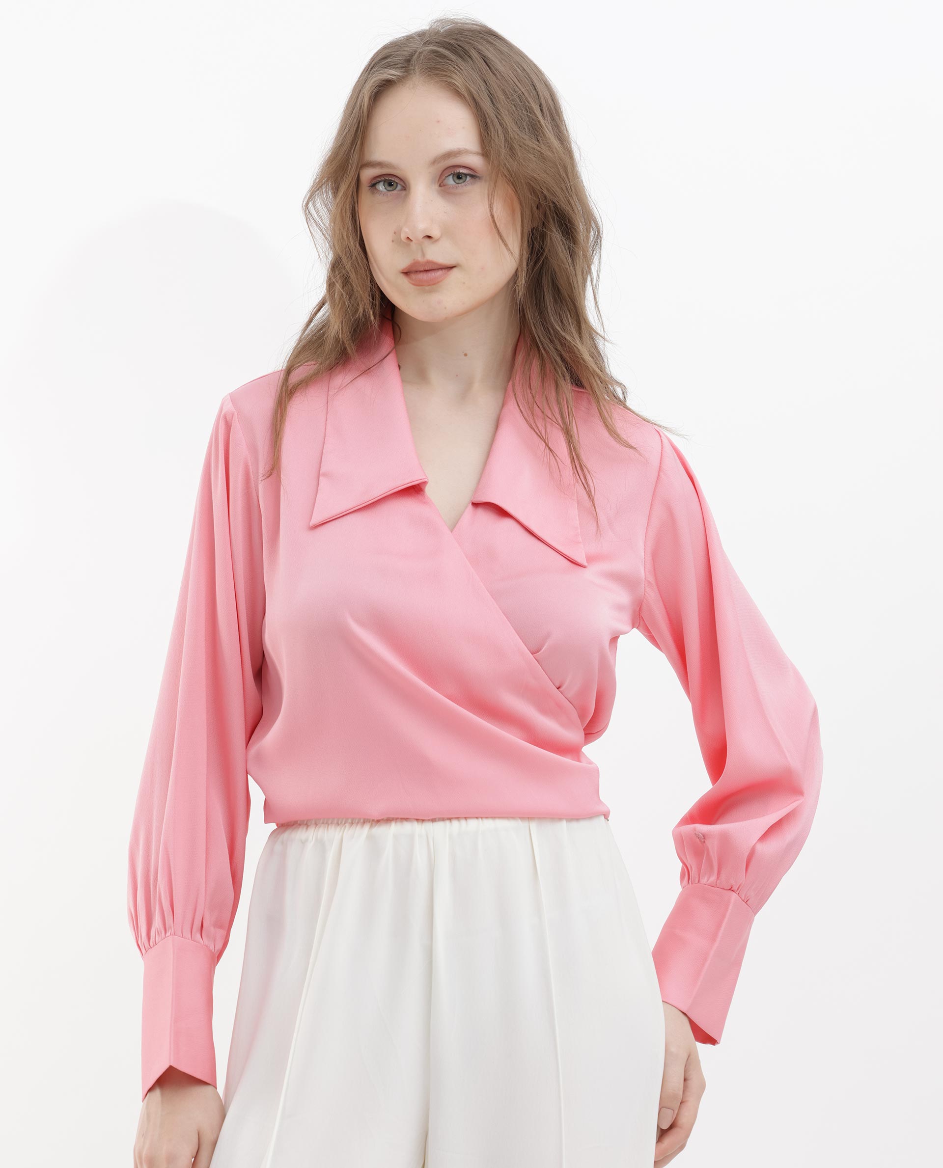 Women'S Riola Pastel Pink Polyester Fabric Full Sleeves Tie-Up Closure Johnny Collar Cuffed Sleeve Regular Fit Plain Cropped Top