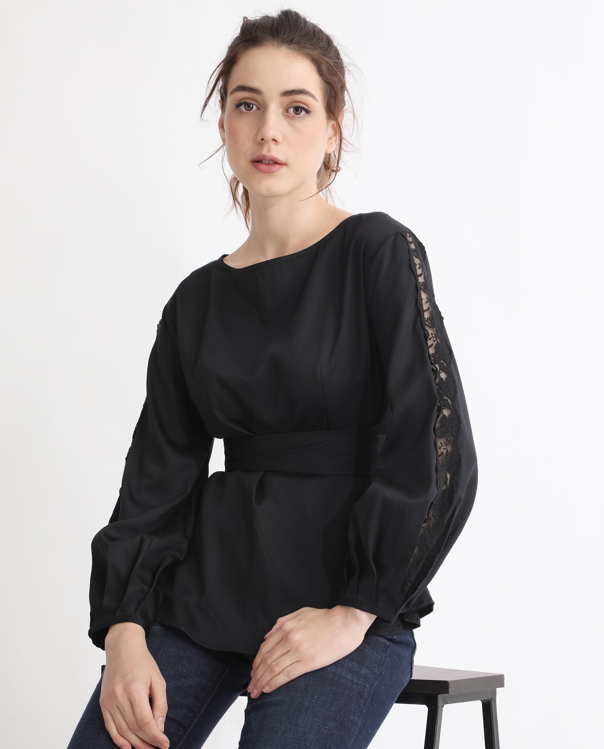 Women'S Rolina Black Cotton Fabric Regular Fit Boat Neck Full Sleeves Solid Top