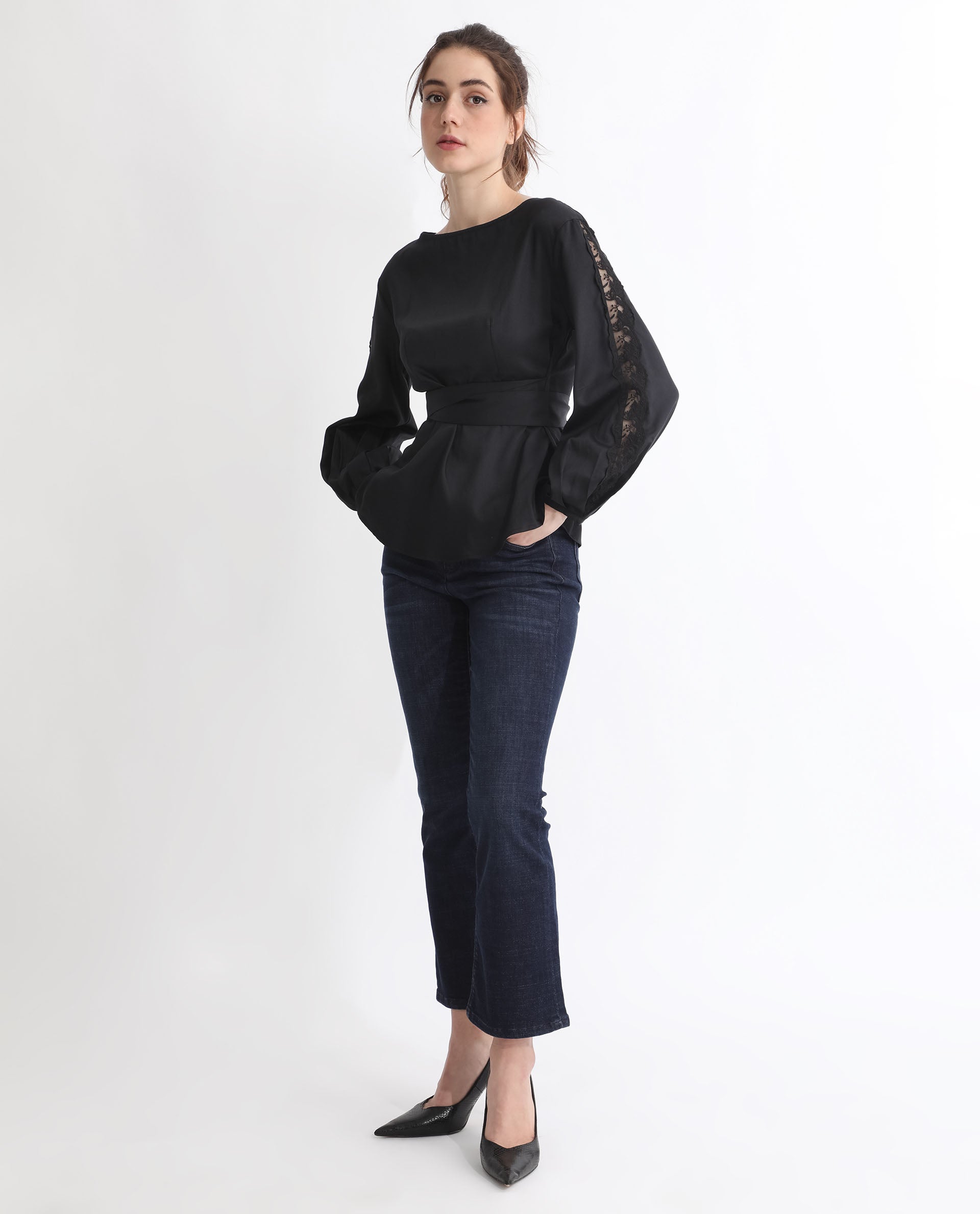 Women'S Rolina Black Cotton Fabric Regular Fit Boat Neck Full Sleeves Solid Top