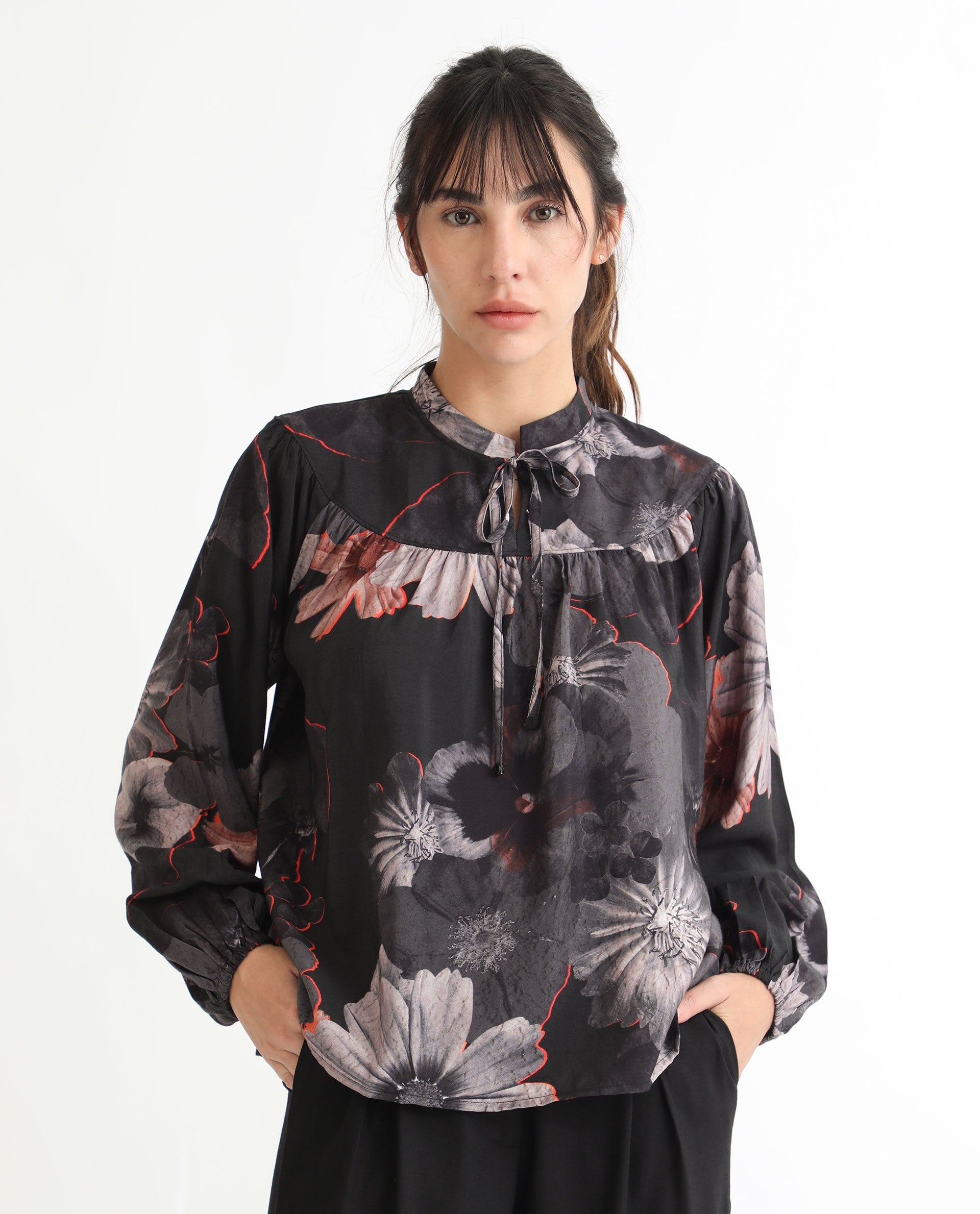 Women'S Rothal Black Poly Viscose Fabric Full Sleeves Tie-Up Closure Tie-Up Neck Balloon Sleeve Relaxed Fit Floral Print Blouse Top