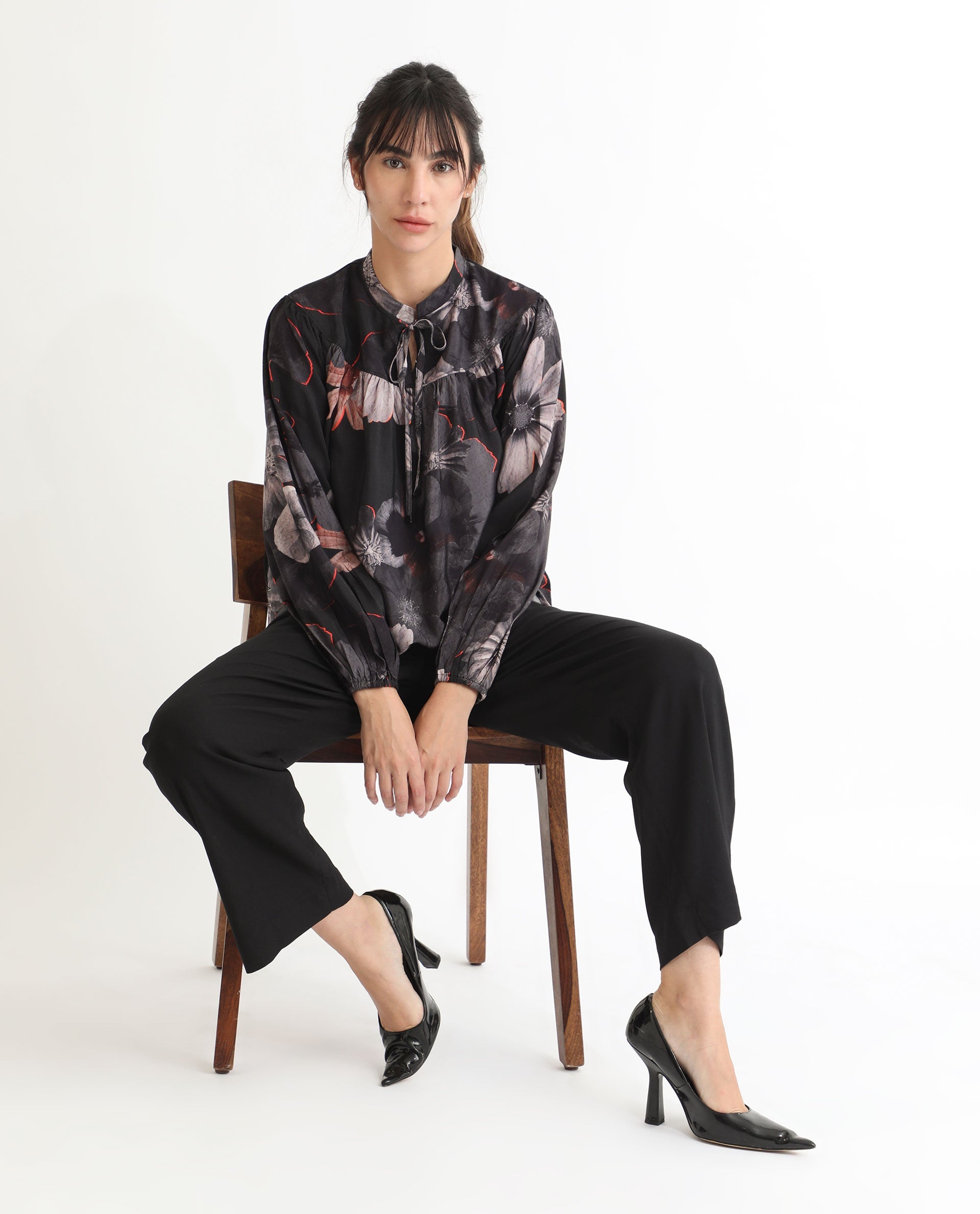 Women'S Rothal Black Poly Viscose Fabric Full Sleeves Tie-Up Closure Tie-Up Neck Balloon Sleeve Relaxed Fit Floral Print Blouse Top