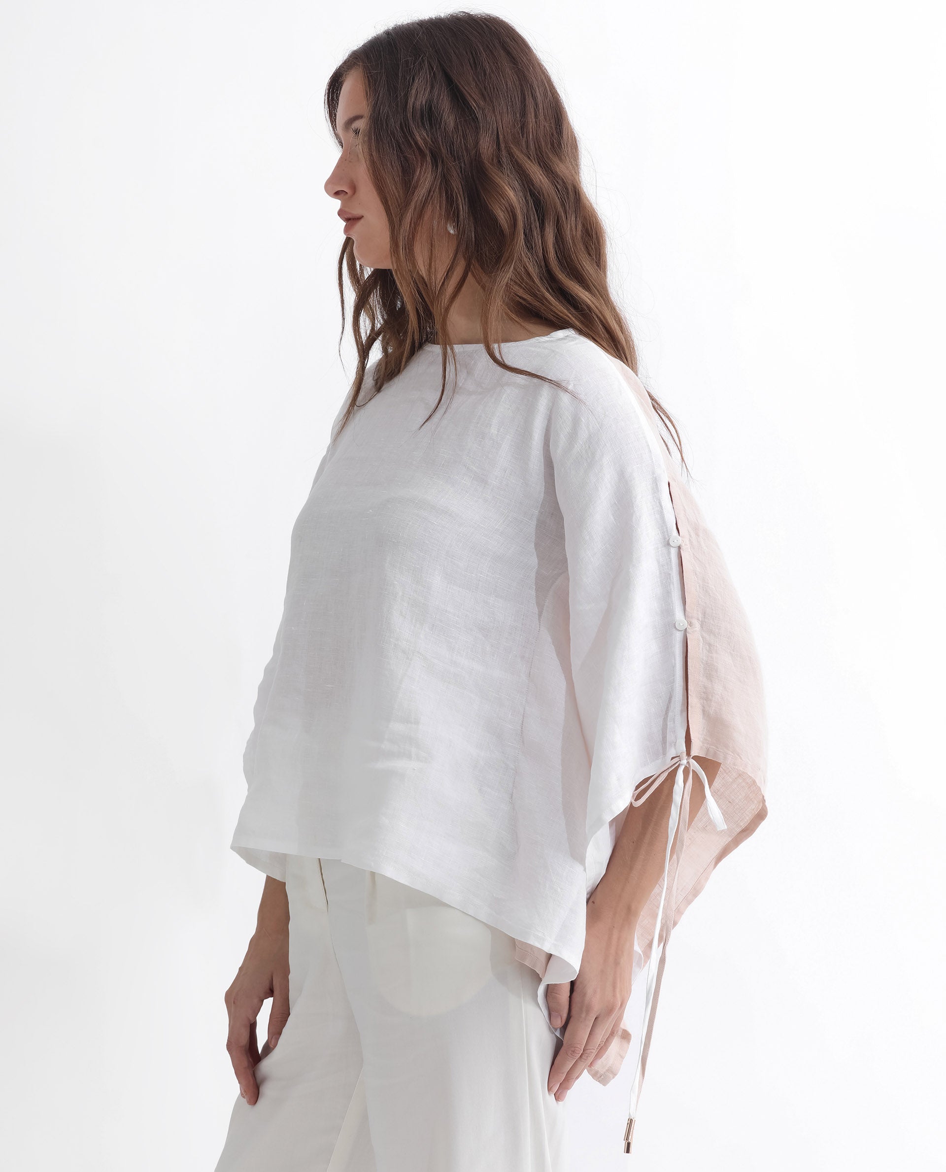 Women'S Safron White Linen Fabric Regular Fit Boat Neck Half Sleeves Solid Top