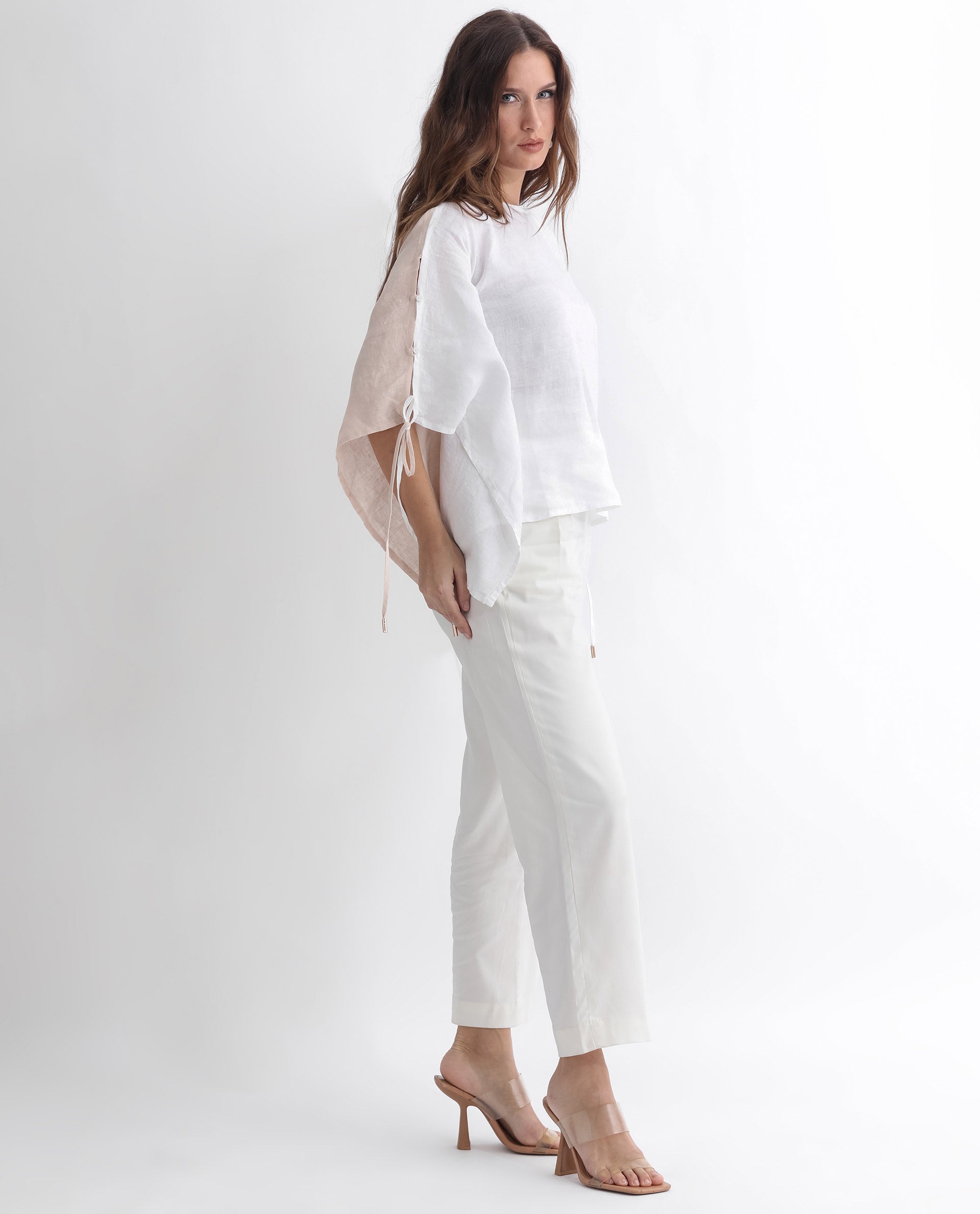 Women'S Safron White Linen Fabric Regular Fit Boat Neck Half Sleeves Solid Top