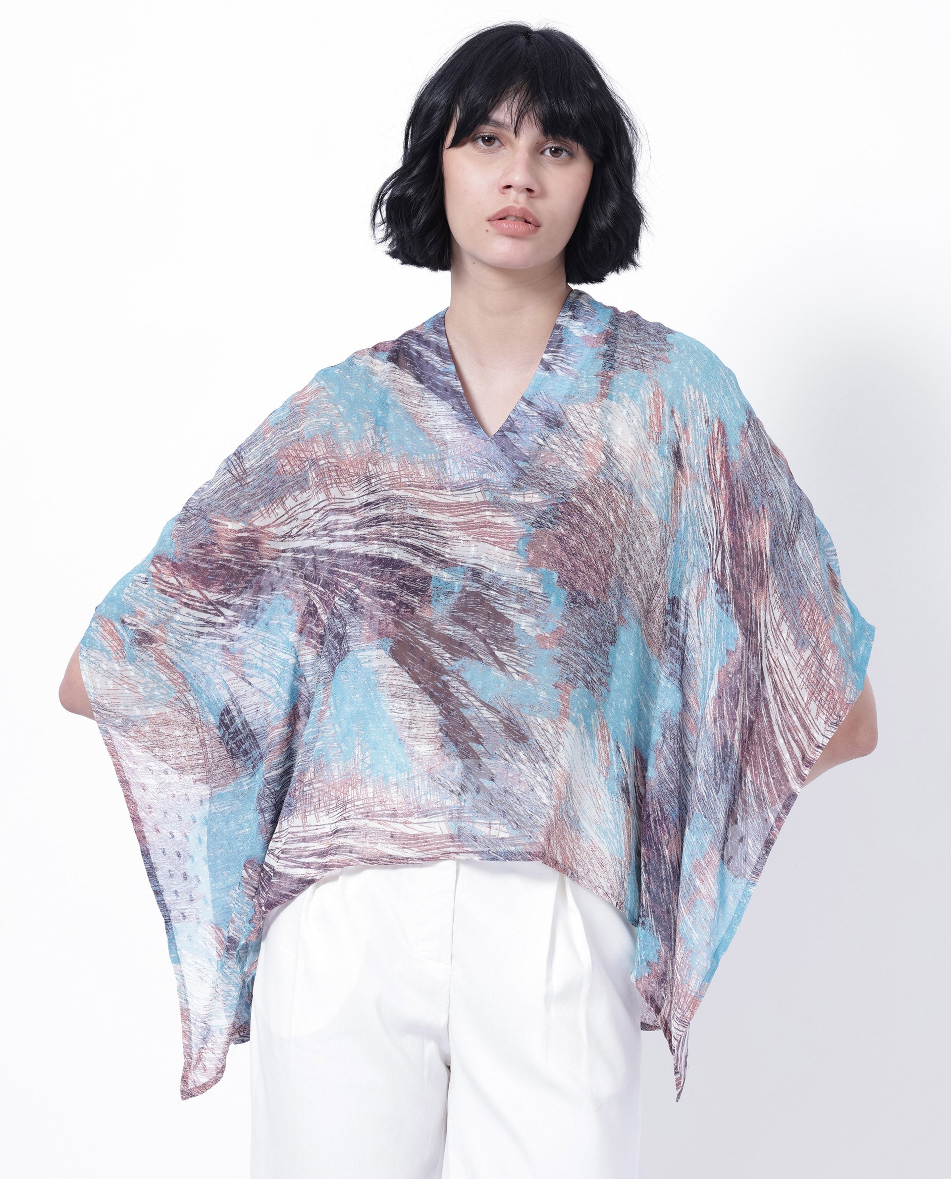 Women'S Sayne Blue Polyester Fabric Short Sleeves V-Neck Kimono Sleeve Regular Fit Abstract Print Asymmetric Top