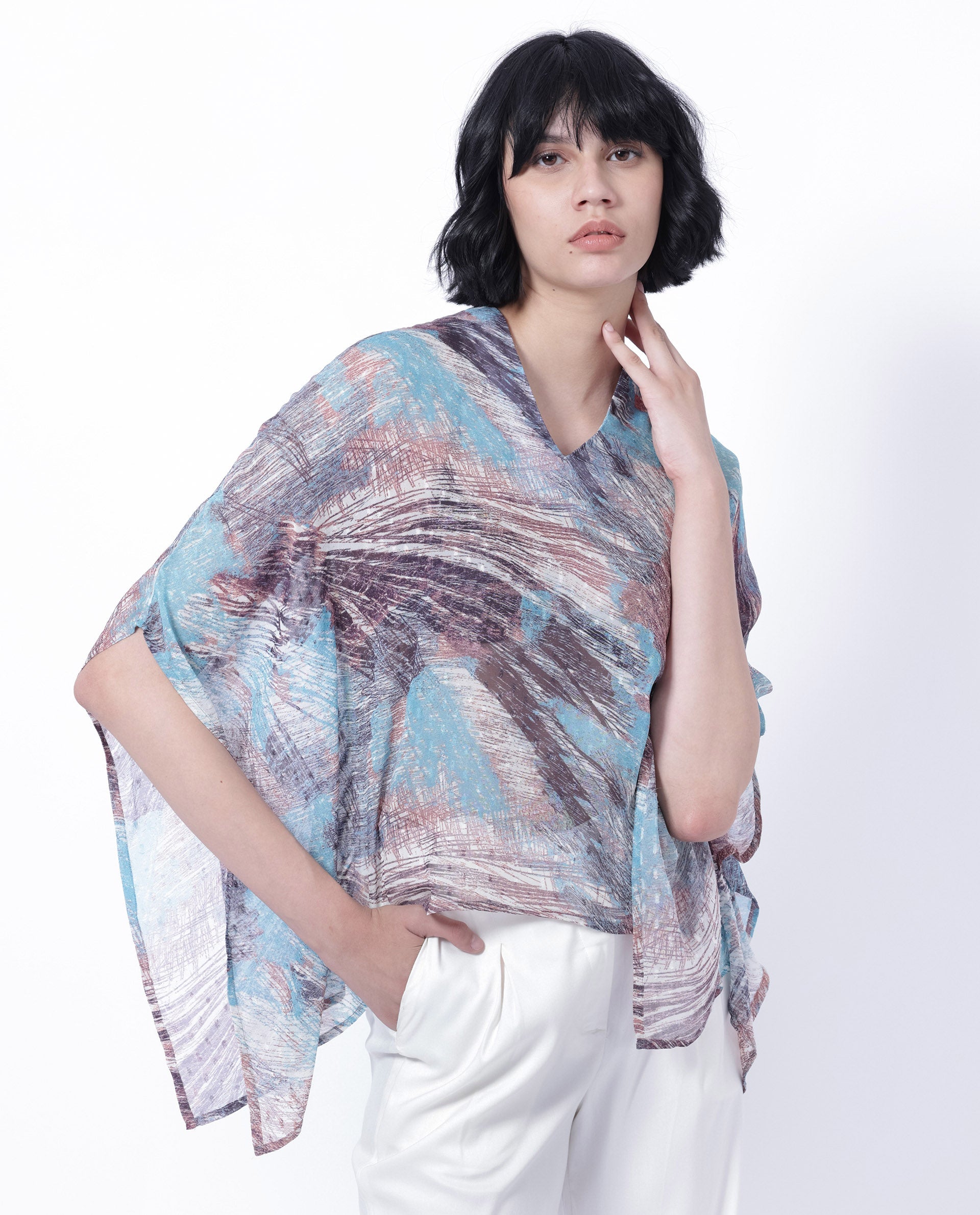 Women'S Sayne Blue Polyester Fabric Short Sleeves V-Neck Kimono Sleeve Regular Fit Abstract Print Asymmetric Top