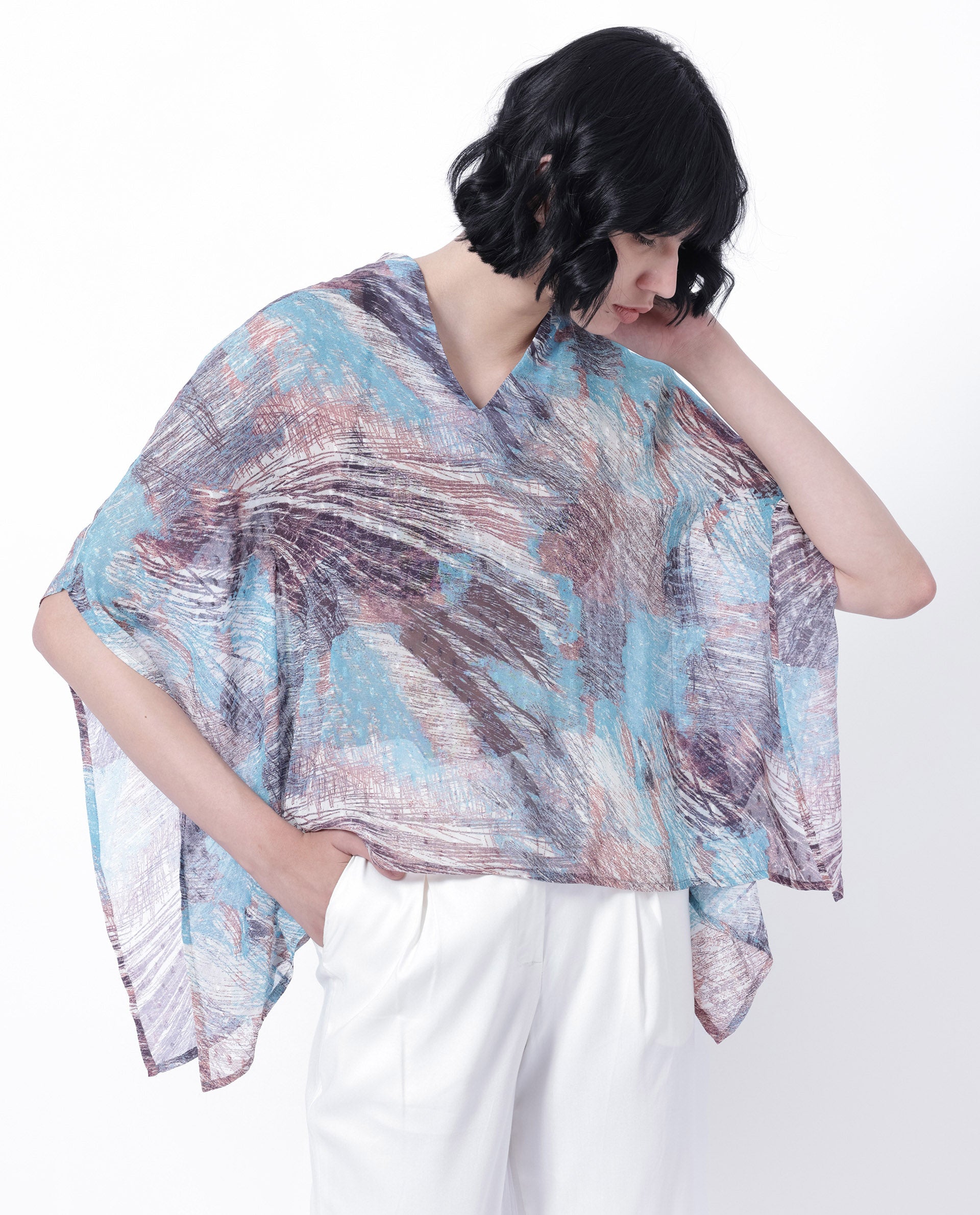 Women'S Sayne Blue Polyester Fabric Short Sleeves V-Neck Kimono Sleeve Regular Fit Abstract Print Asymmetric Top