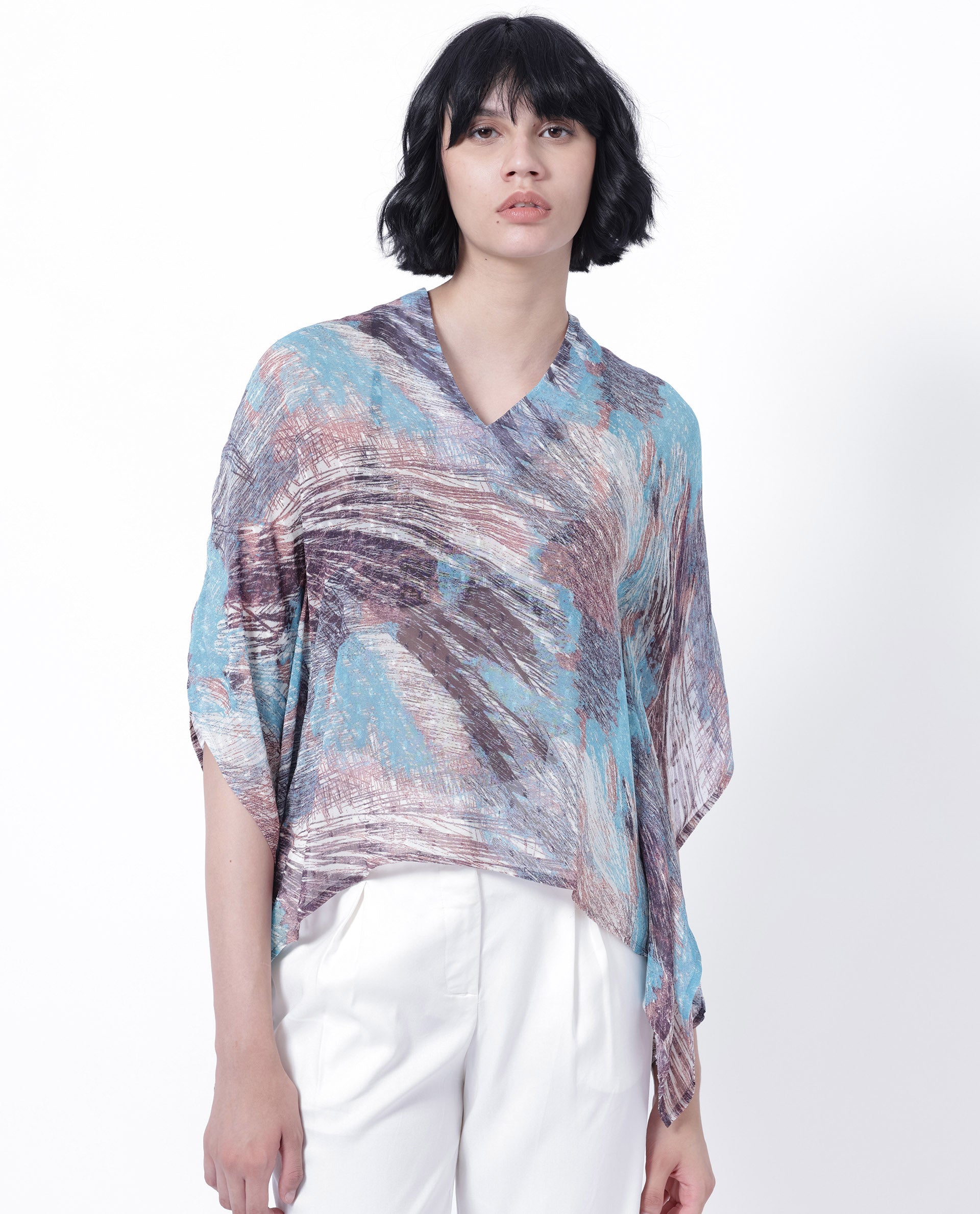 Women'S Sayne Blue Polyester Fabric Short Sleeves V-Neck Kimono Sleeve Regular Fit Abstract Print Asymmetric Top