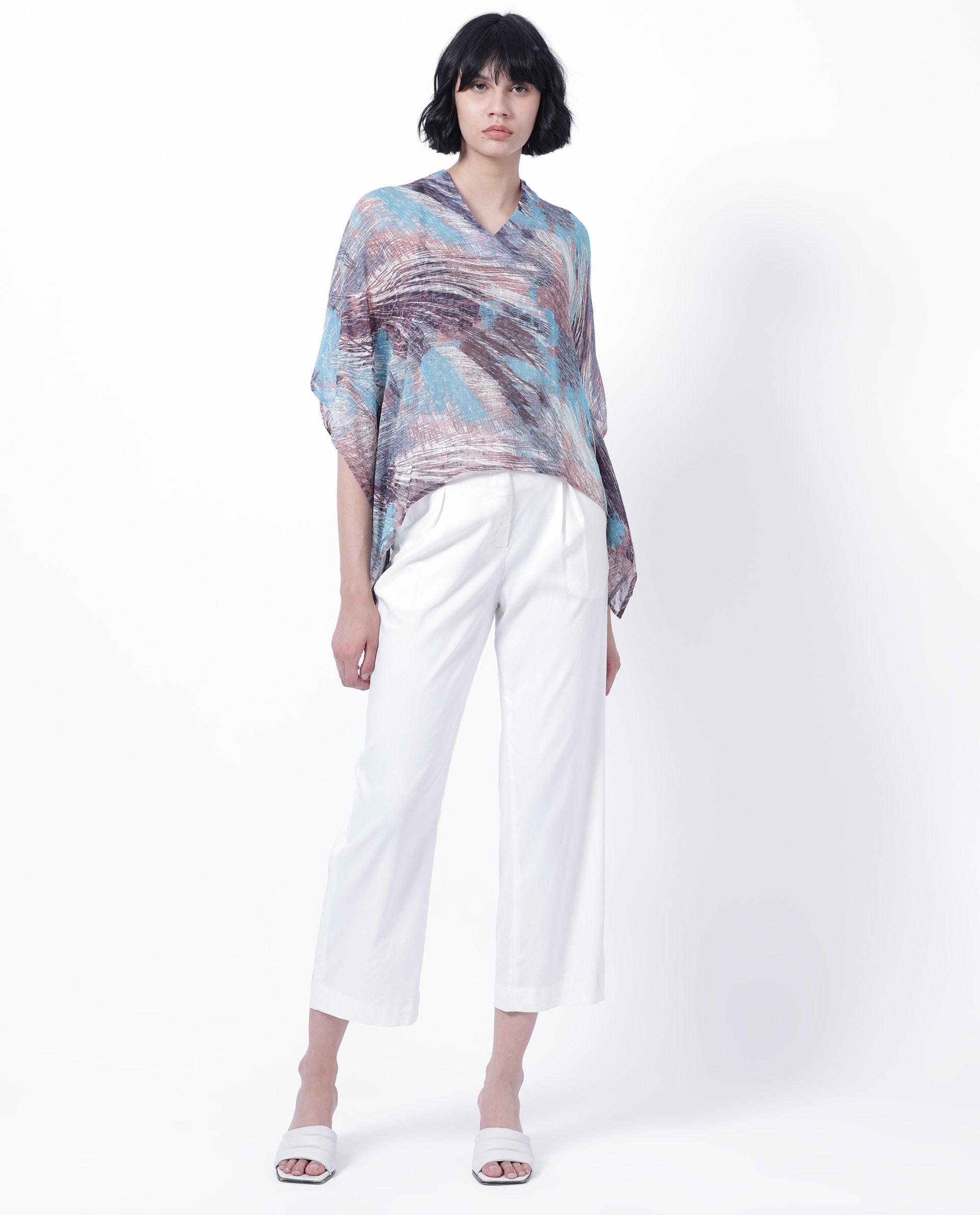 Women'S Sayne Blue Polyester Fabric Short Sleeves V-Neck Kimono Sleeve Regular Fit Abstract Print Asymmetric Top