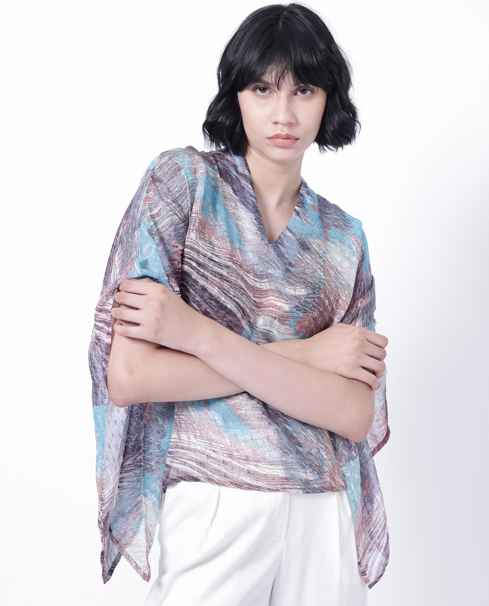 Women'S Sayne Blue Polyester Fabric Short Sleeves V-Neck Kimono Sleeve Regular Fit Abstract Print Asymmetric Top