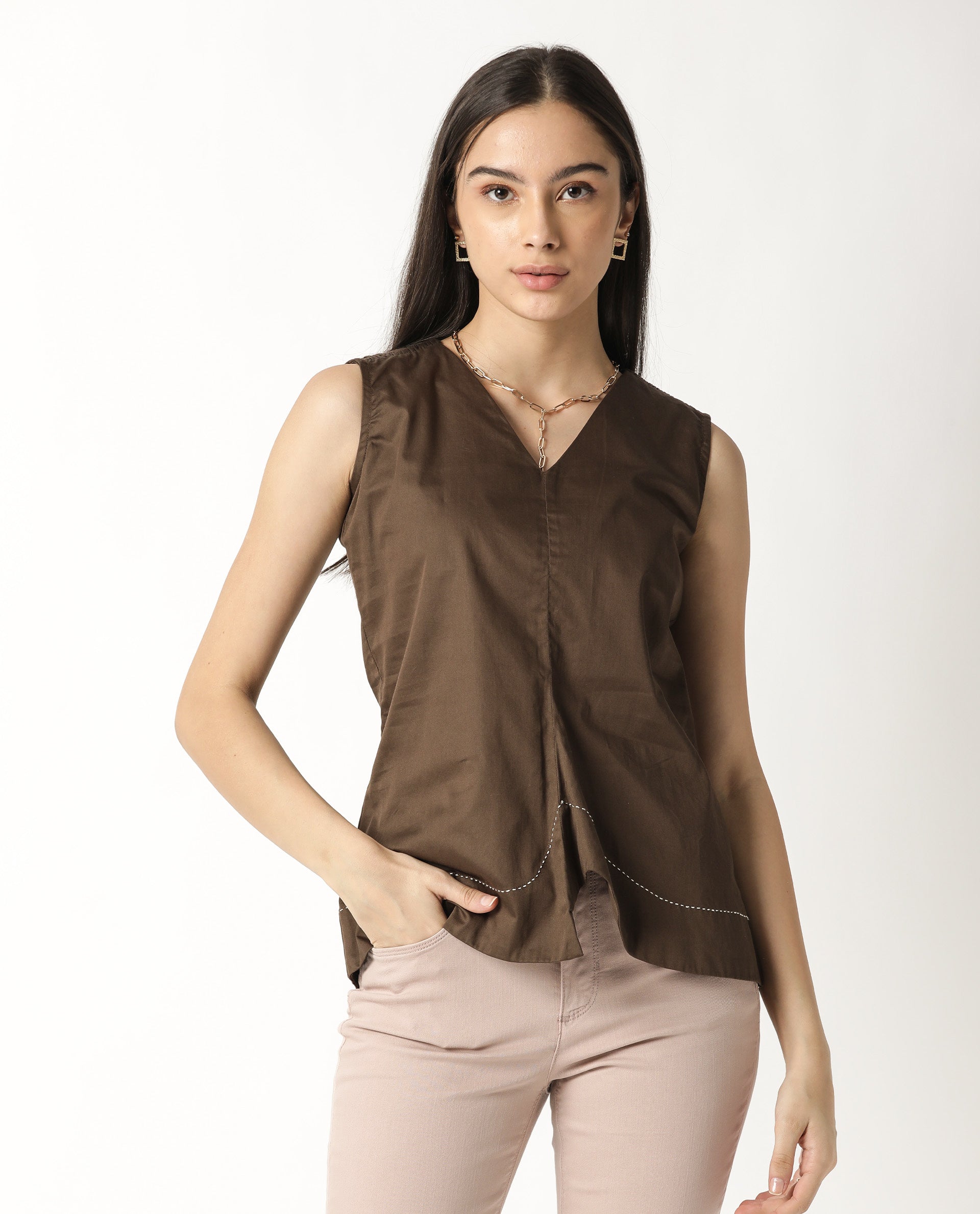 Women'S Simi Brown Cotton Fabric Regular Fit V-Neck Sleeveless Solid Top