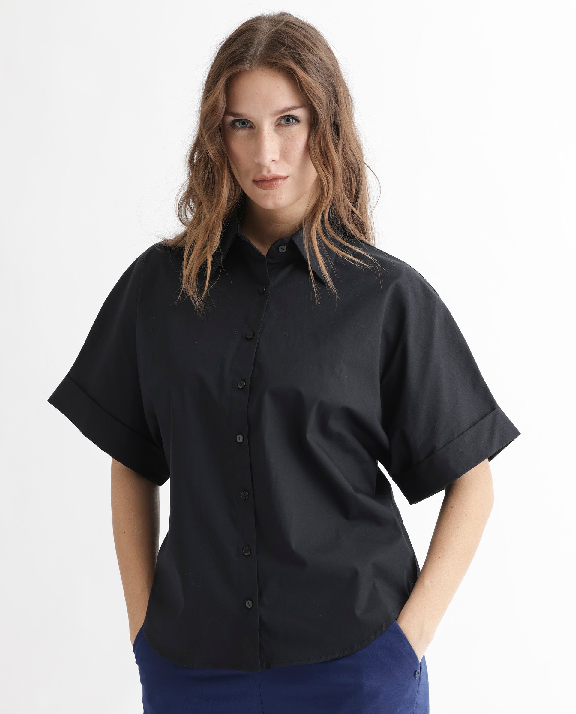 Women'S Shozo Black Cotton Lycra Fabric Short Sleeves Button Closure Shirt Collar Extended Sleeve Regular Fit Plain Top