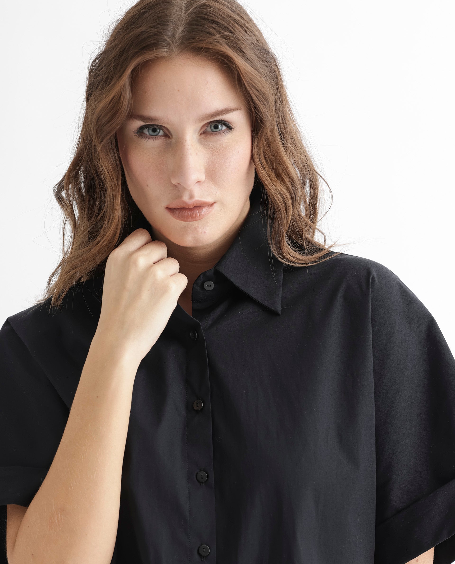 Women'S Shozo Black Cotton Lycra Fabric Short Sleeves Button Closure Shirt Collar Extended Sleeve Regular Fit Plain Top