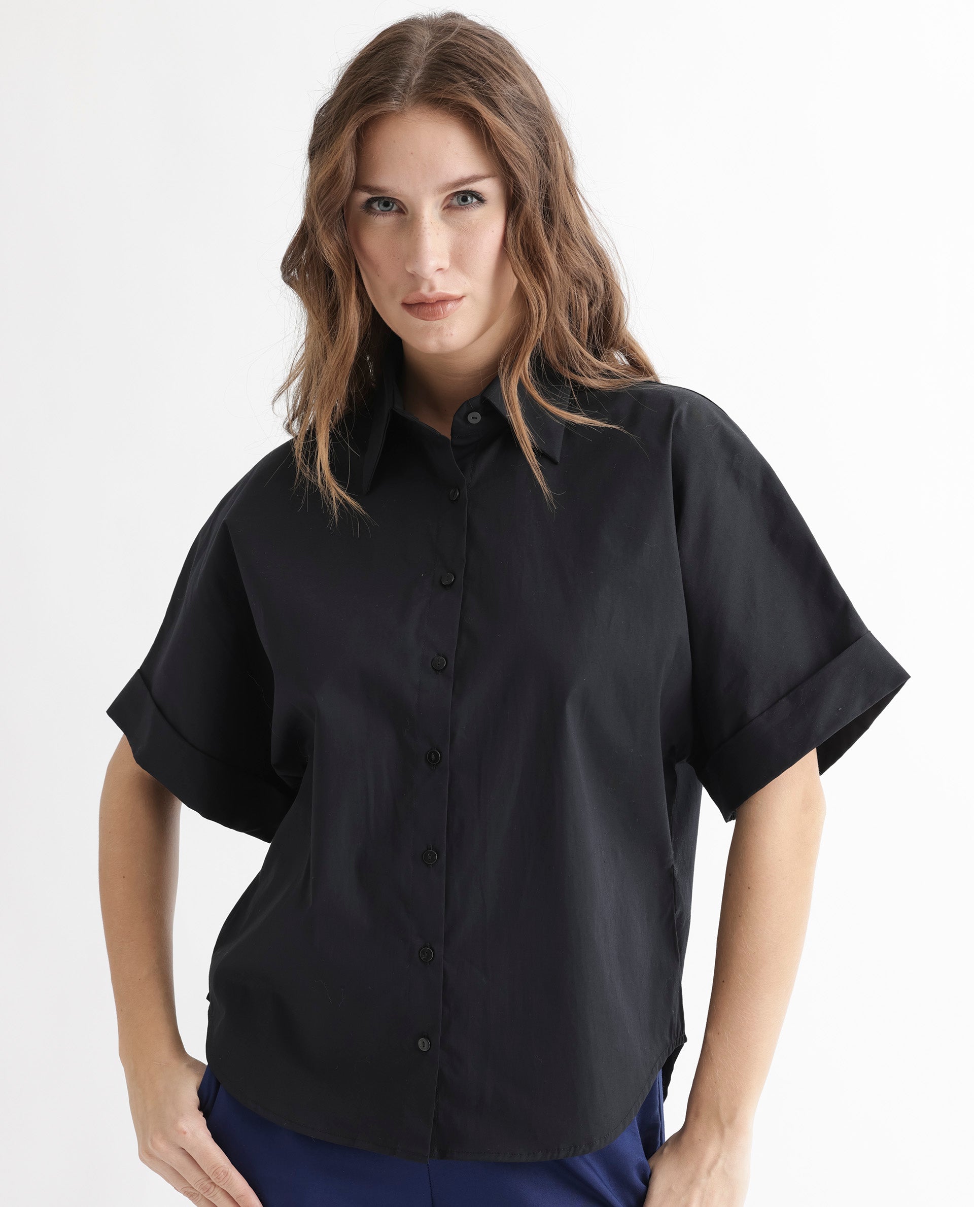 Women'S Shozo Black Cotton Lycra Fabric Short Sleeves Button Closure Shirt Collar Extended Sleeve Regular Fit Plain Top