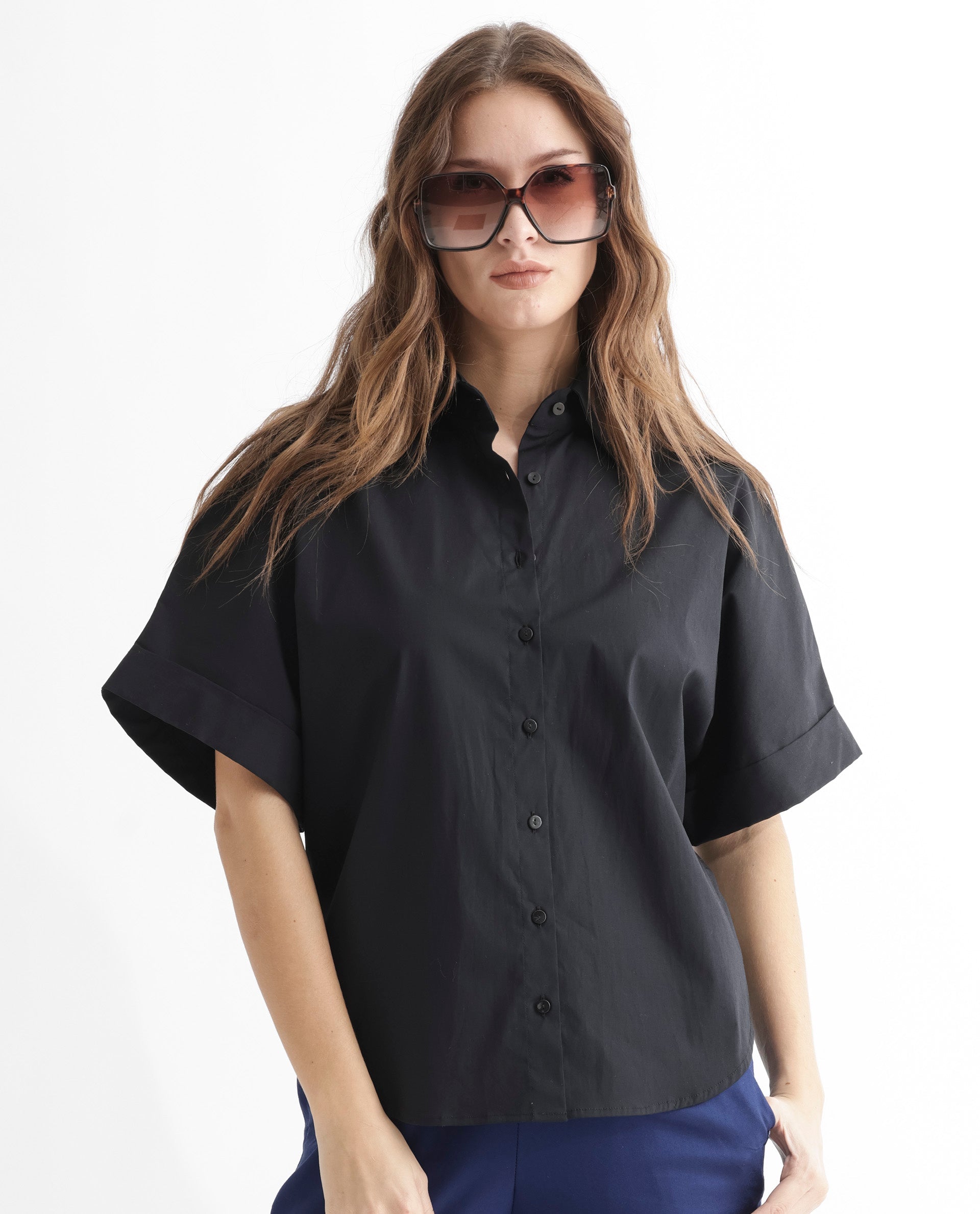 Women'S Shozo Black Cotton Lycra Fabric Short Sleeves Button Closure Shirt Collar Extended Sleeve Regular Fit Plain Top