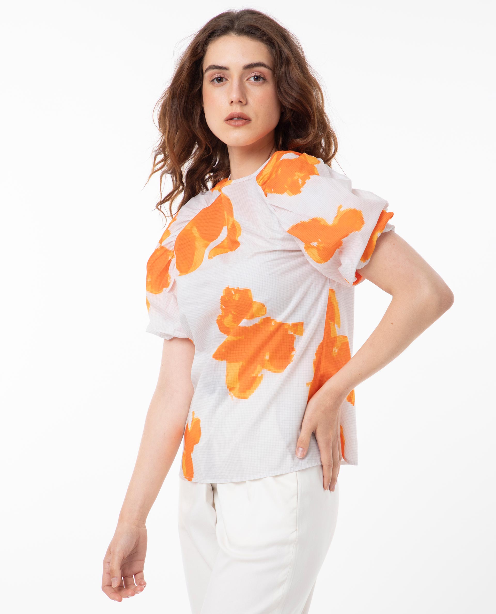 Women'S Sporn Orange Cotton Fabric Short Sleeves Button Closure Round Neck Puff Sleeve Regular Fit Floral Print Blouse Top