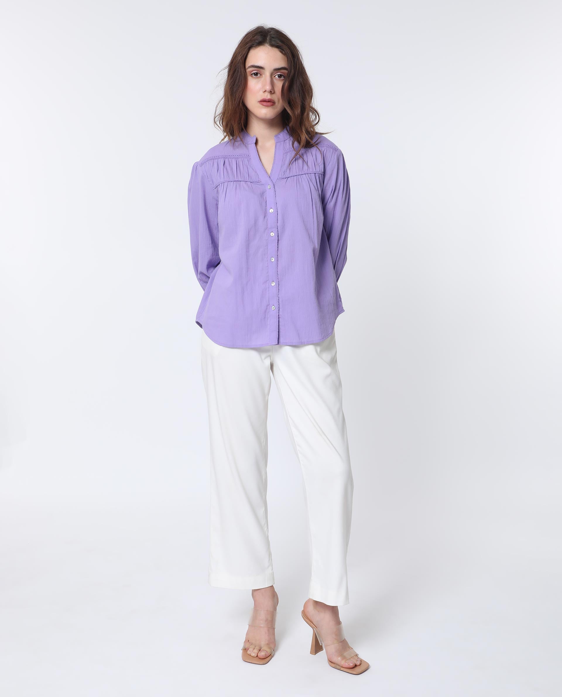 Women'S Stern Light Purple Cotton Fabric Relaxed Fit Mandarin Collar Full Sleeves Solid Top