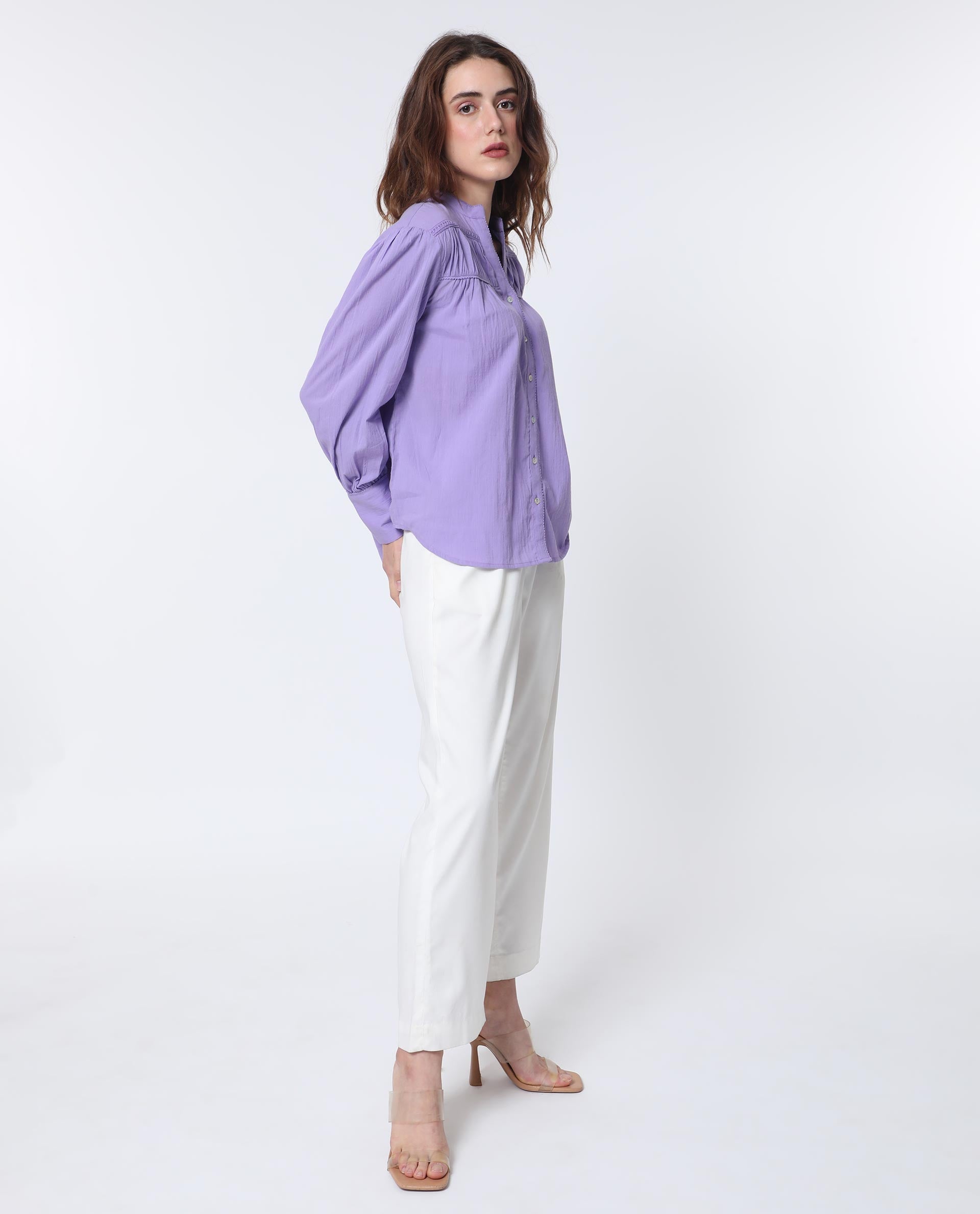 Women'S Stern Light Purple Cotton Fabric Relaxed Fit Mandarin Collar Full Sleeves Solid Top