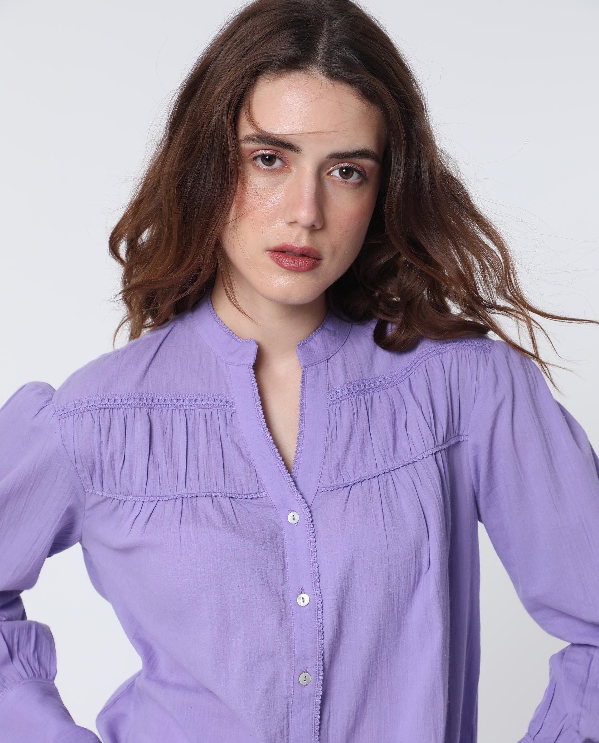 Women'S Stern Light Purple Cotton Fabric Relaxed Fit Mandarin Collar Full Sleeves Solid Top